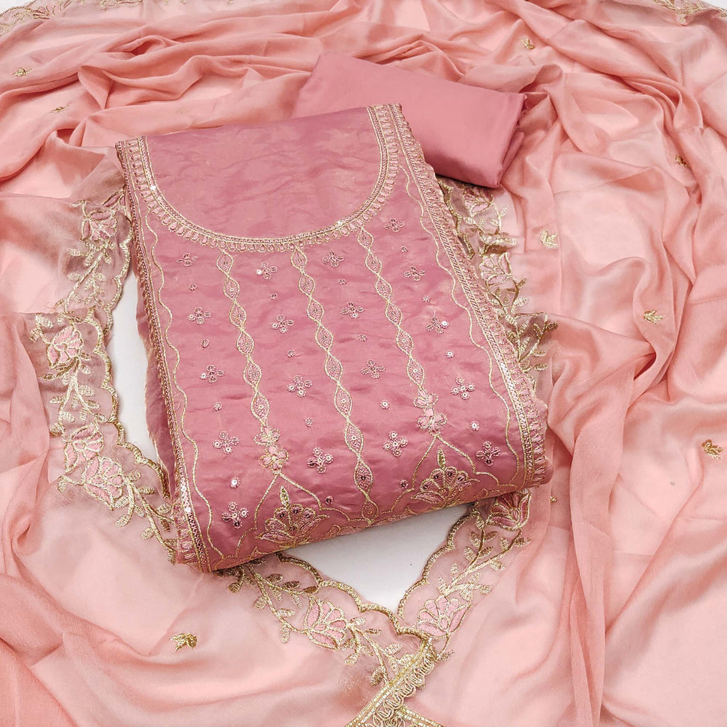 Peach Floral Elegance With Sequins Embroidery On Viscose Satin Dress Material