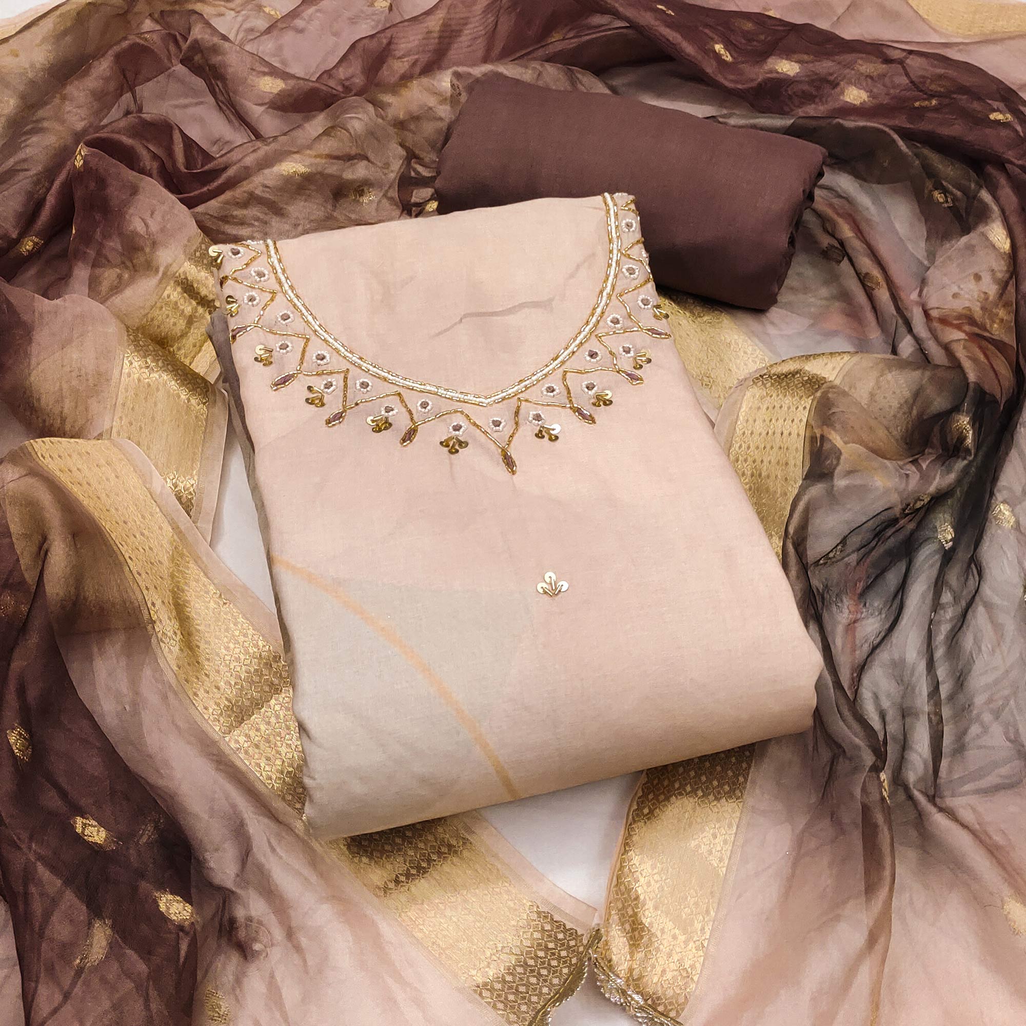 Brown Cambric Cotton Dress Material Adorned With Floral Prints & Hand Moti Embellishment