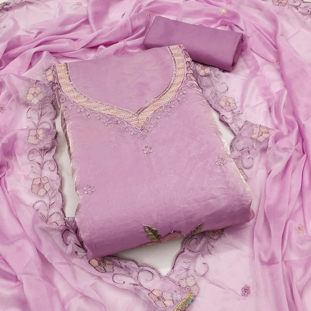 Light Purple Ensemble With Floral Sequins Embroidery Detailing On Satin Viscose Dress Material