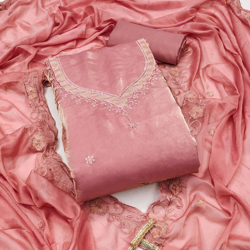 Peach Ensemble With Floral Sequins Embroidery Detailing On Satin Viscose Dress Material