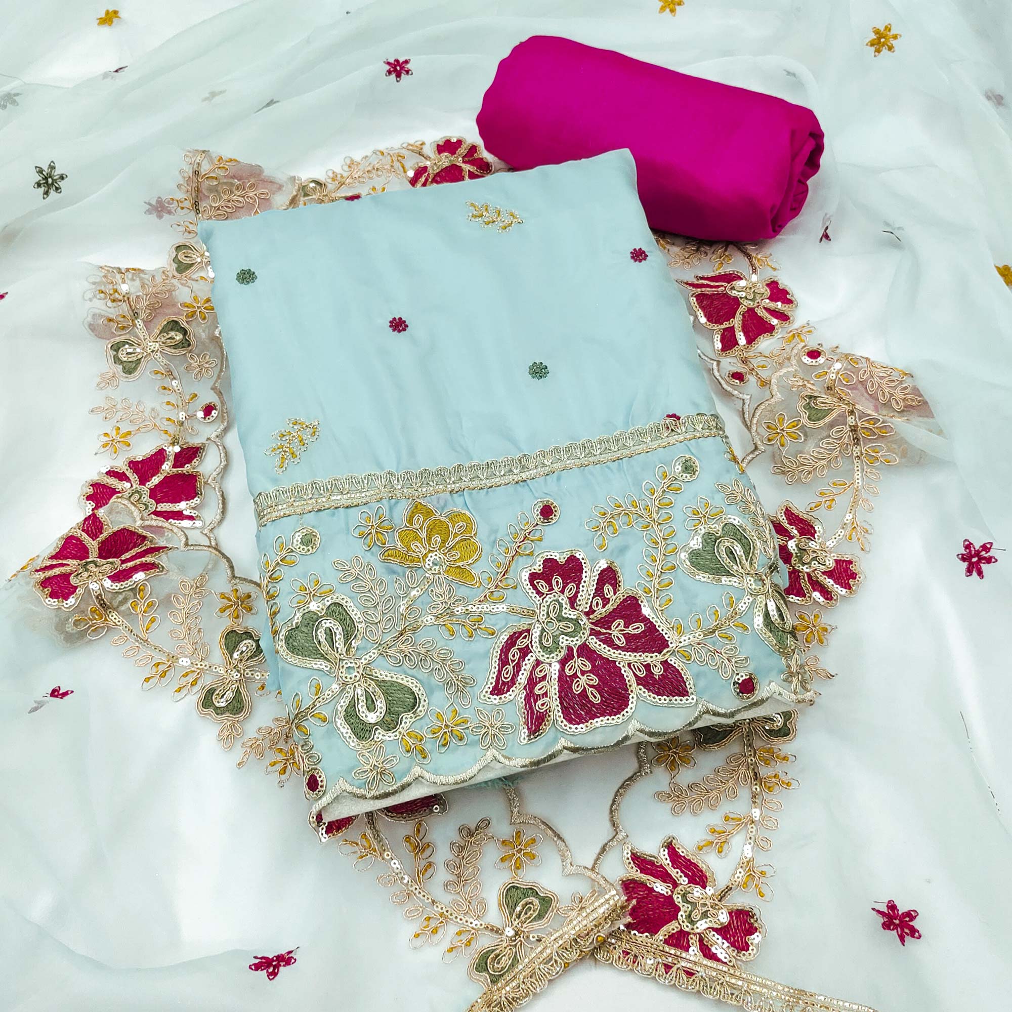 Blue Viscose Organza Dress Material Adorned with Cording & Sequin Embroidery Work