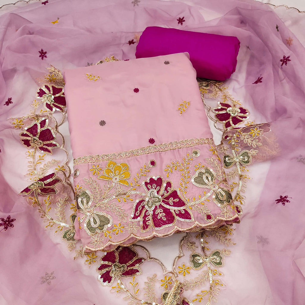 Pink Viscose Organza Dress Material Adorned with Cording & Sequin Embroidery Work