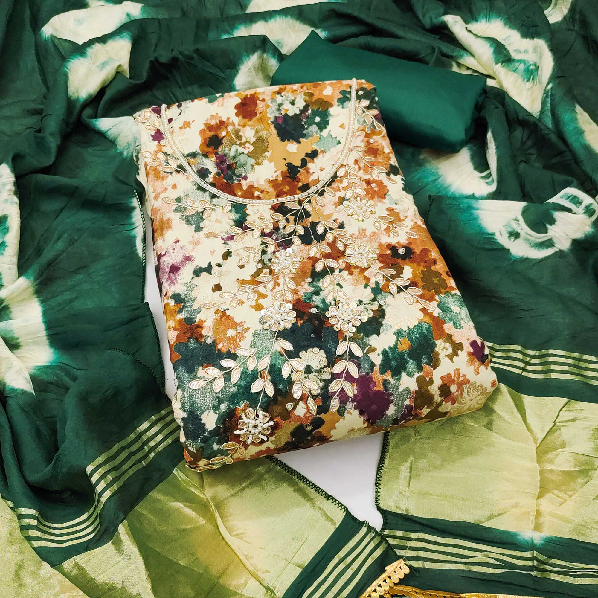 Green Pure Cotton Printed Dress Material Beautified With Moti & Sequins Hand Embellishment