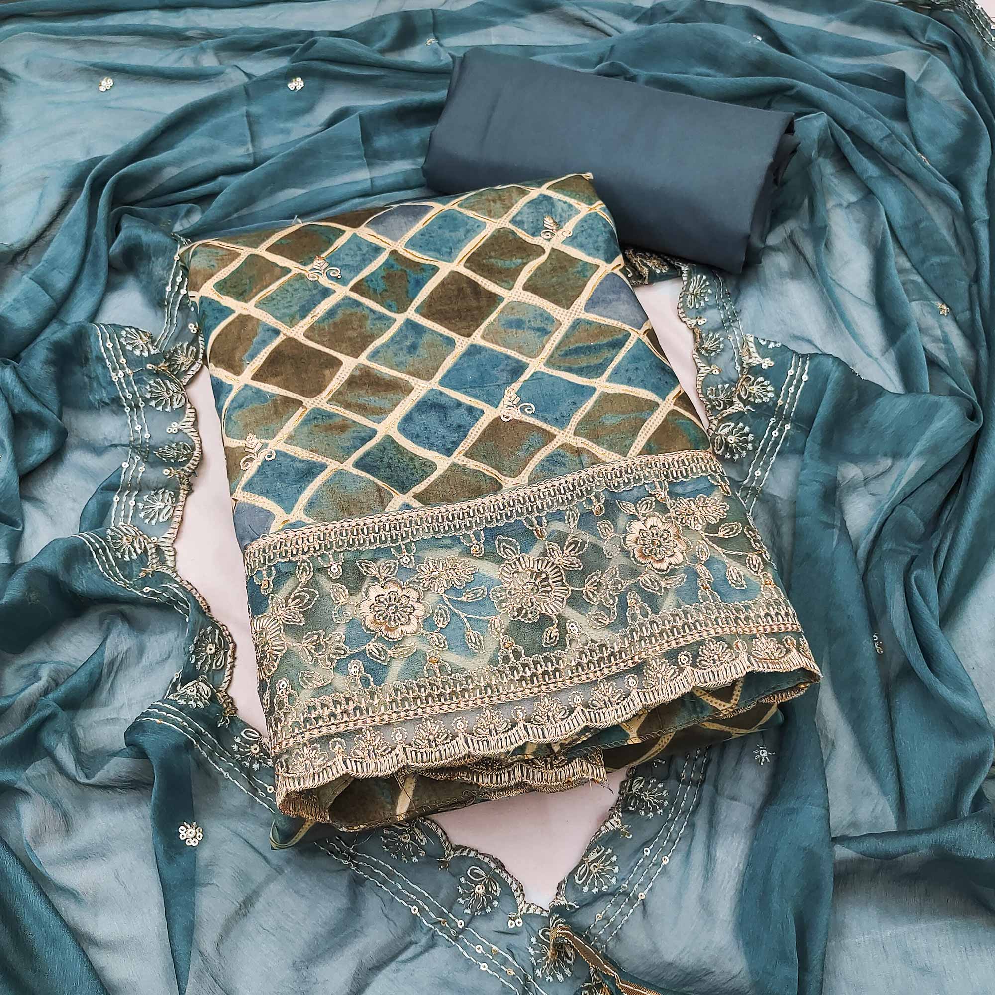 Blue Printed Dress Material In Pure Cotton With Intricate Sequins Embroidery Work