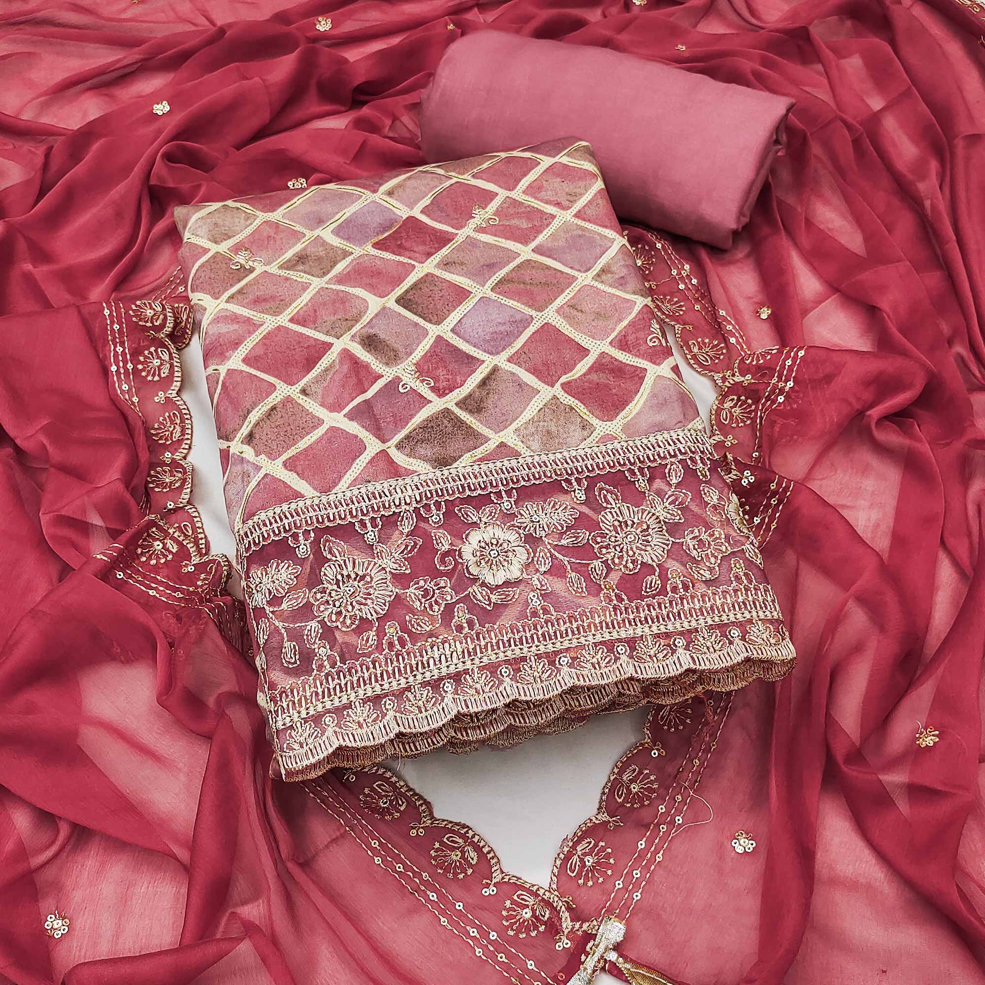 Pink Printed Dress Material In Pure Cotton With Intricate Sequins Embroidery Work