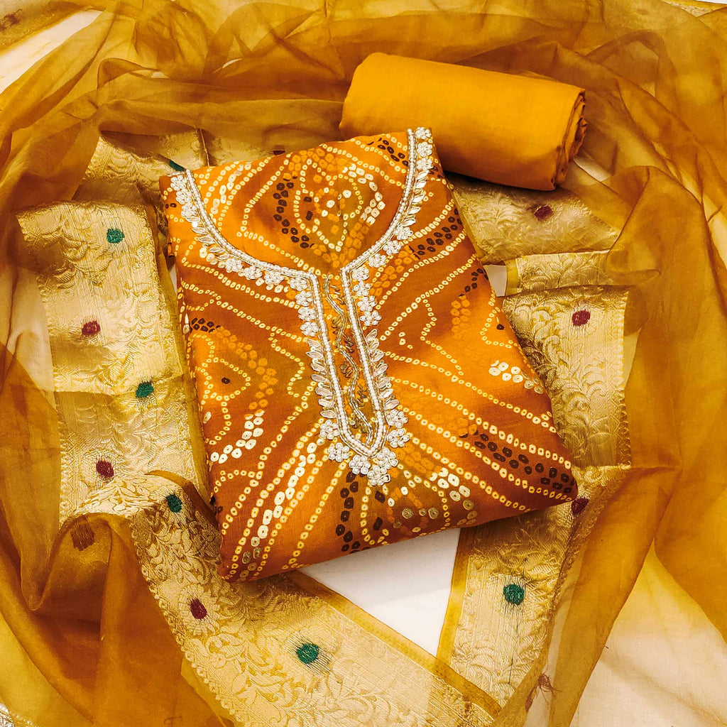 Mustard Bandhani Printed Pure Cotton Dress Material With Artistic Moti & Gota Patti Handwork