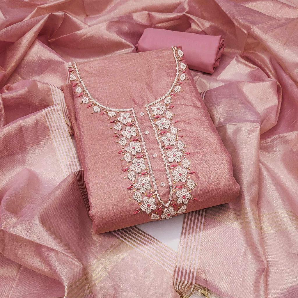 Dusty Rose Pink Shimmer Cotton  Pure Cotton Dress Material With Intricate Moti & Stones Handwork