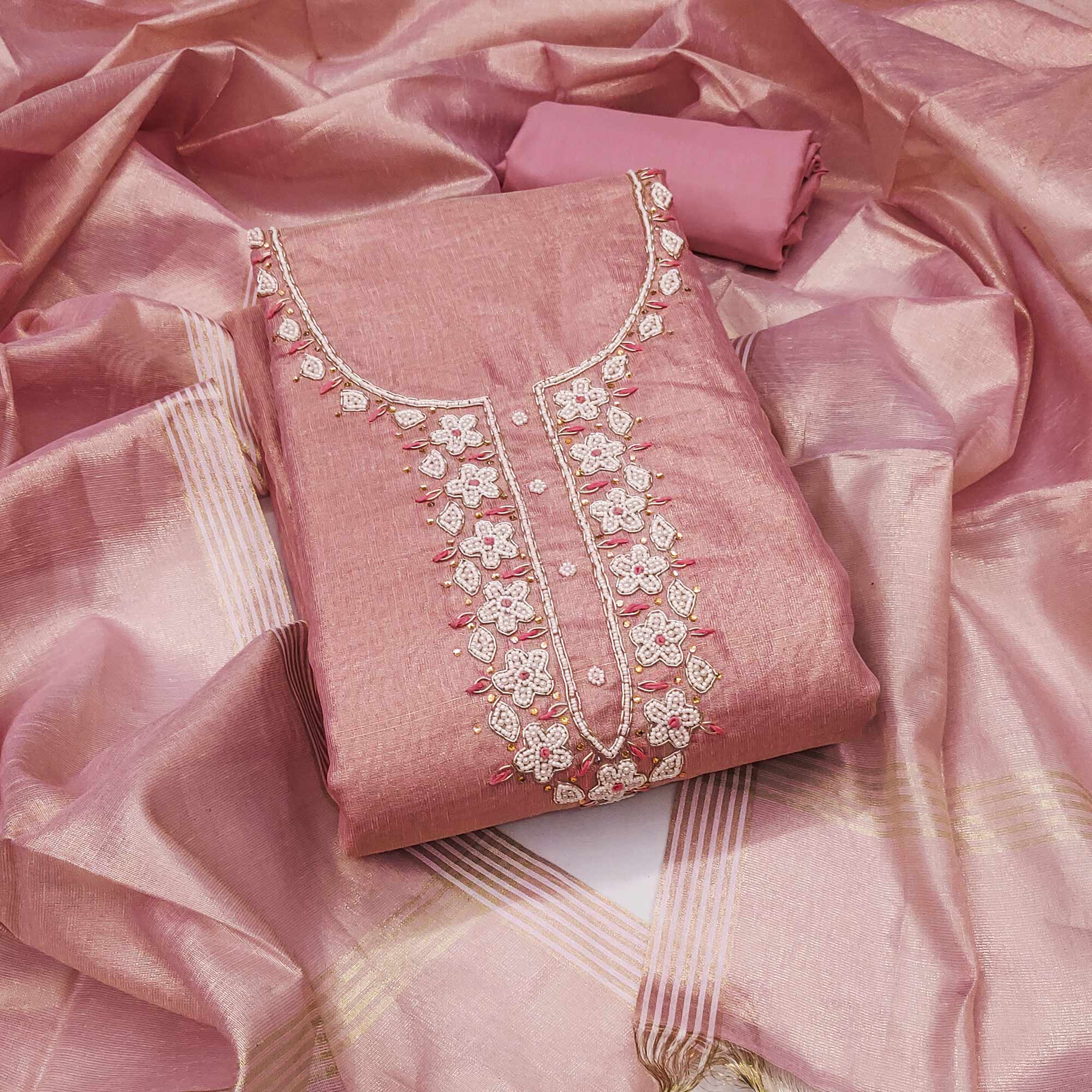 Dusty Rose Pink Shimmer Cotton  Pure Cotton Dress Material With Intricate Moti & Stones Handwork
