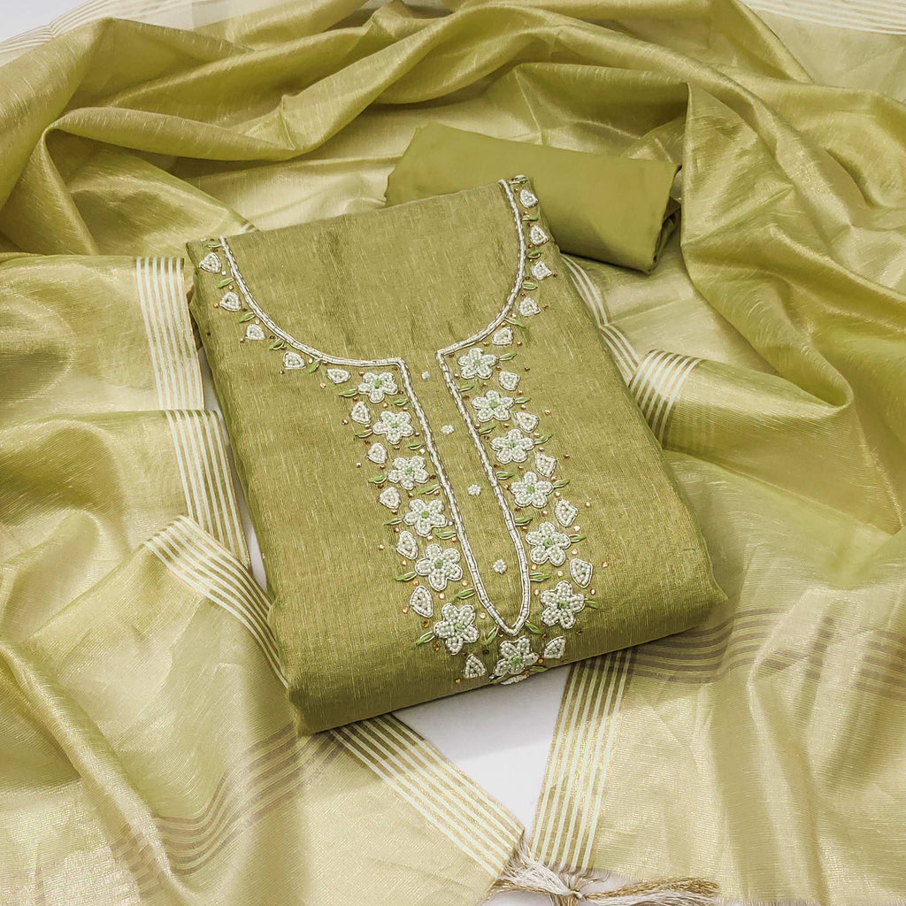 Green Shimmer Cotton  Pure Cotton Dress Material With Intricate Moti & Stones Handwork
