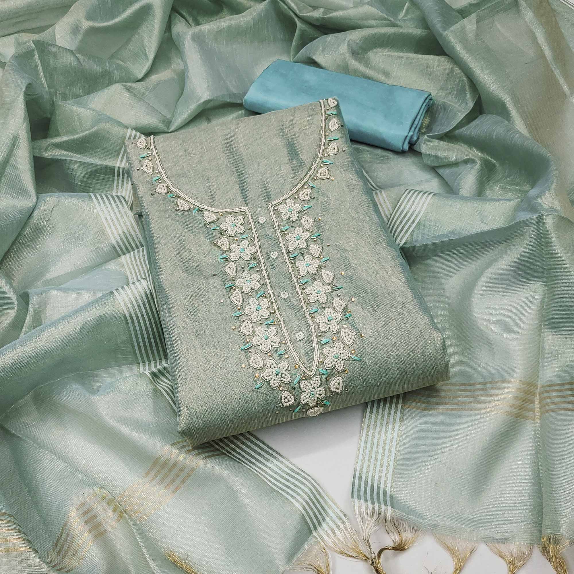 Pastel Sea Green Shimmer Cotton  Pure Cotton Dress Material With Intricate Moti & Stones Handwork