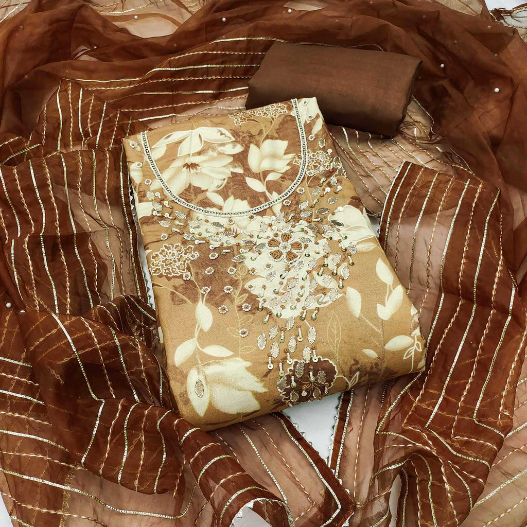 Brown Floral Printed With Intricate Moti & Sequins Handwork Cotton Silk Dress Material