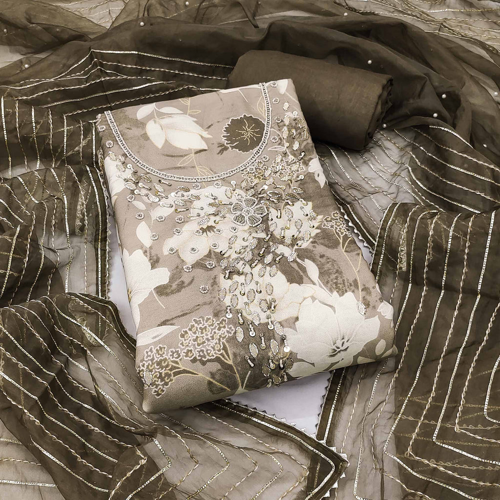 Grey Floral Printed With Intricate Moti & Sequins Handwork Cotton Silk Dress Material