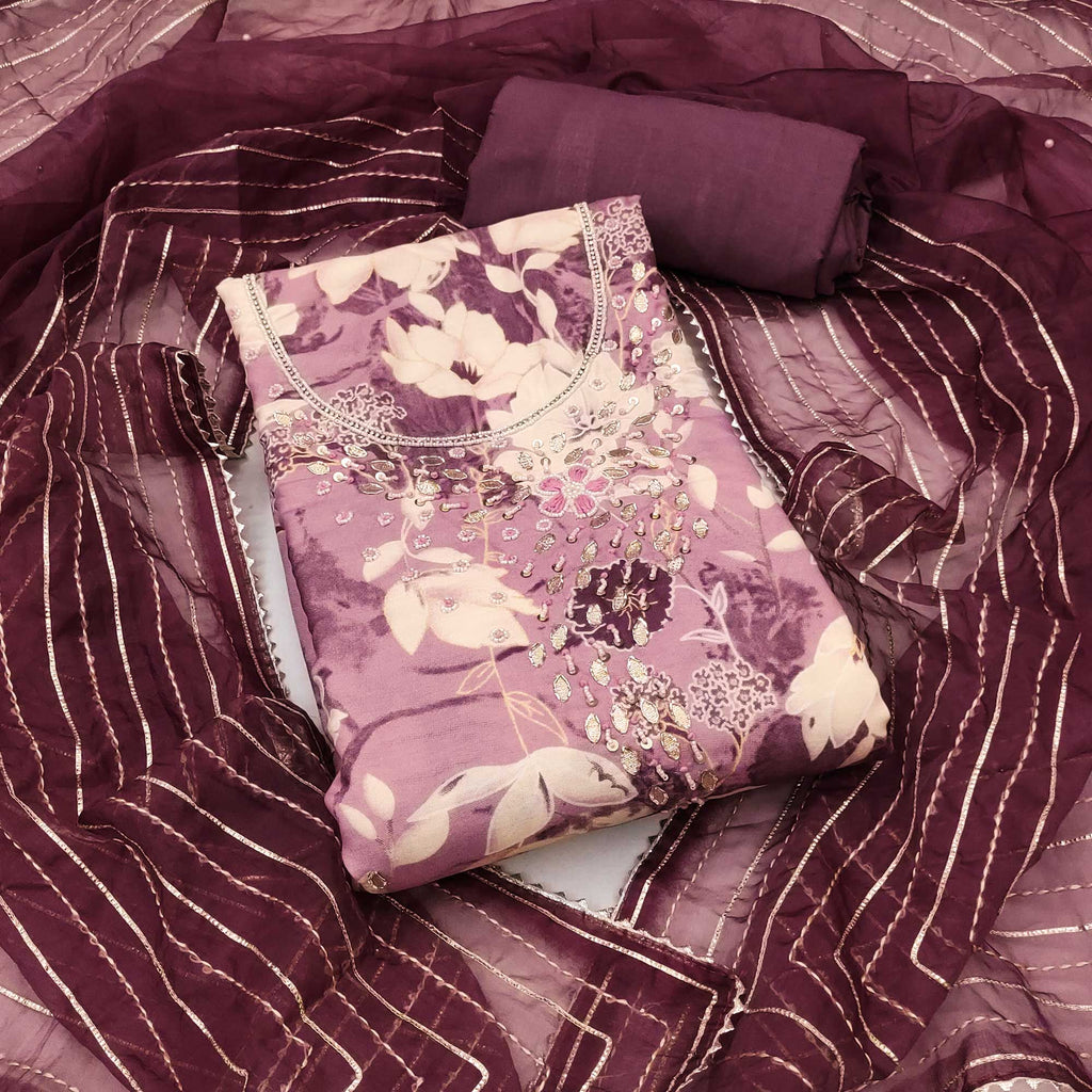 Mauve Floral Printed With Intricate Moti & Sequins Handwork Cotton Silk Dress Material