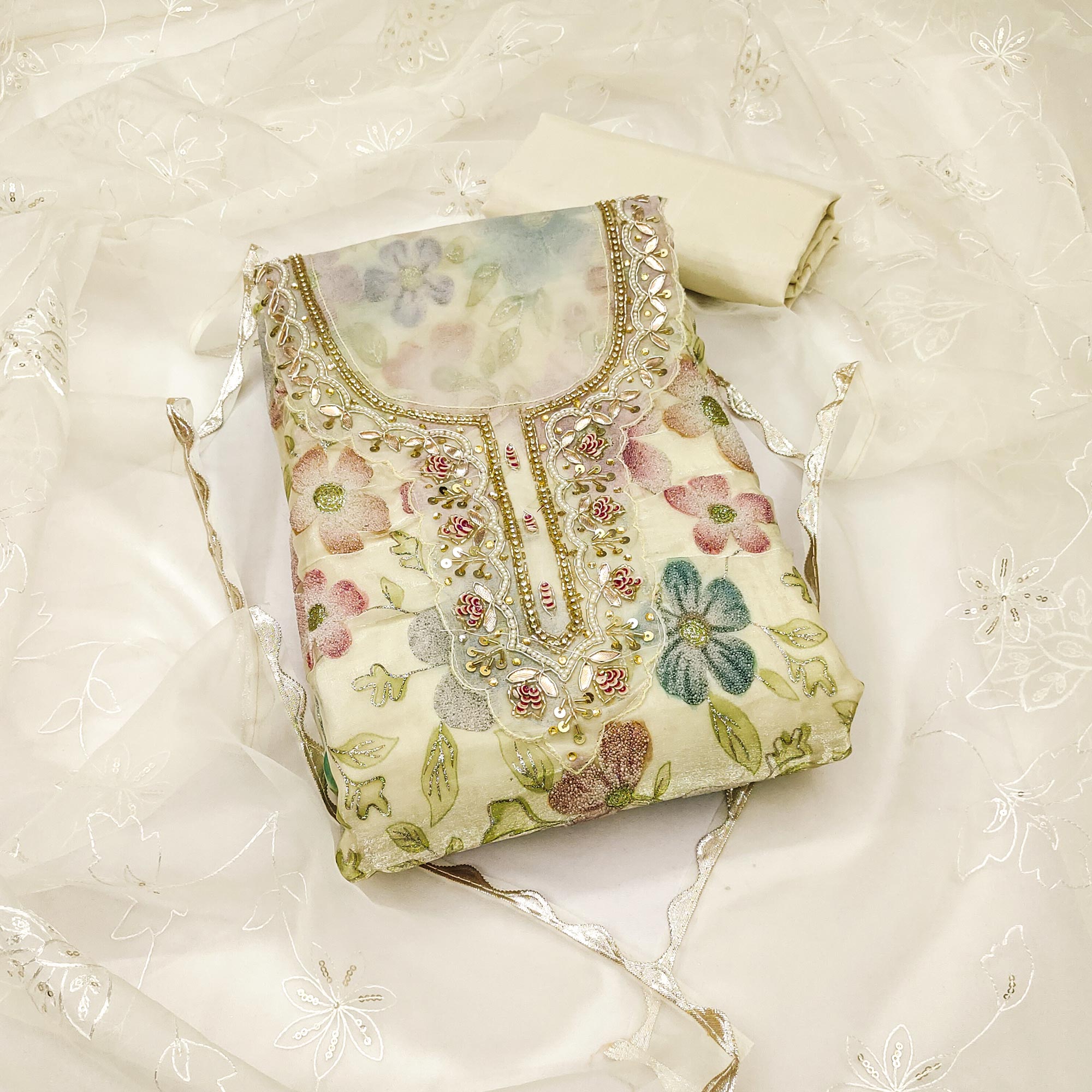 Light Yellow Delight Floral Printed With Moti & Sequins Handwork Viscose Dress Material