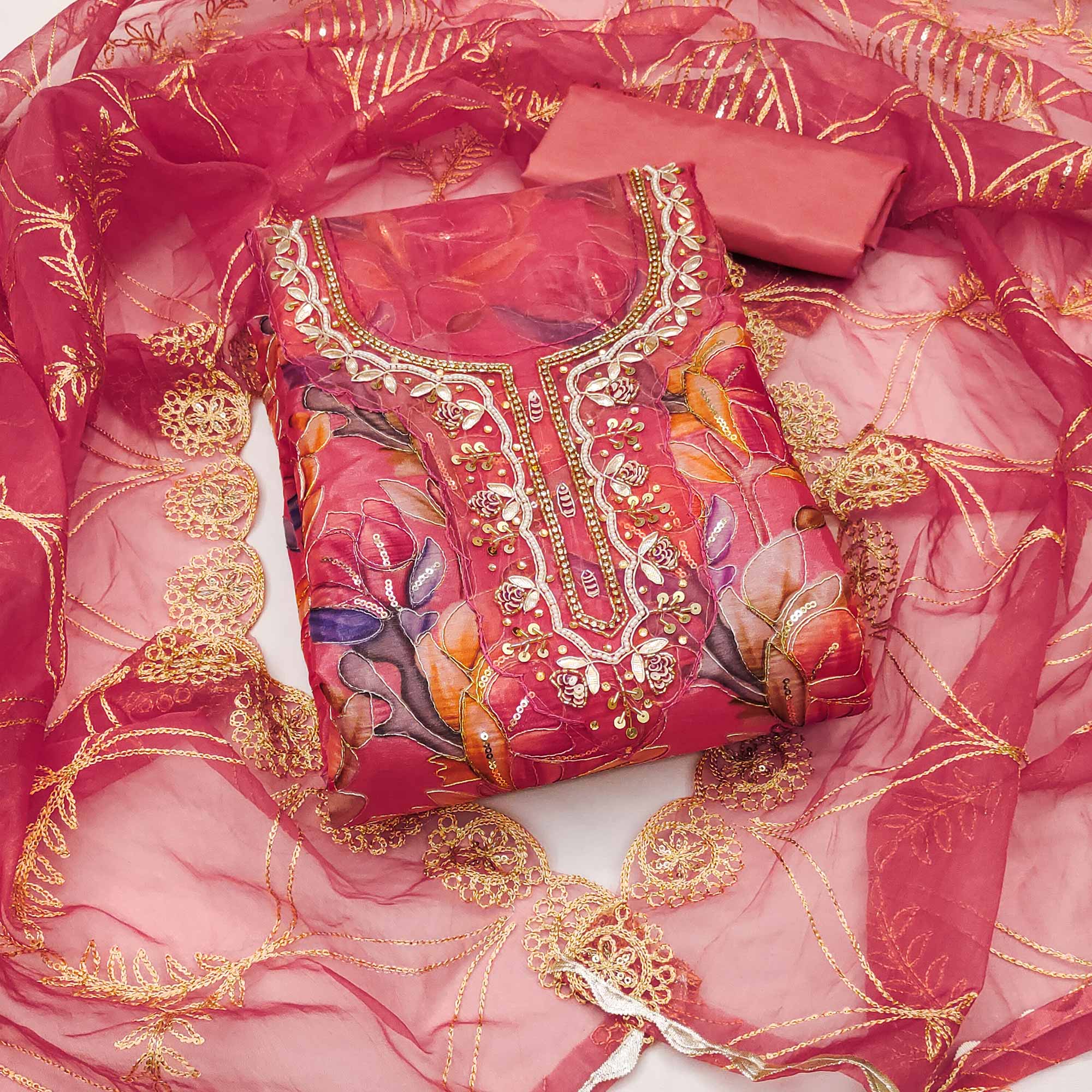 Gajri Pink Bloom Charm With Floral Print & Delicate Sequins & Moti Handwork Dress Material