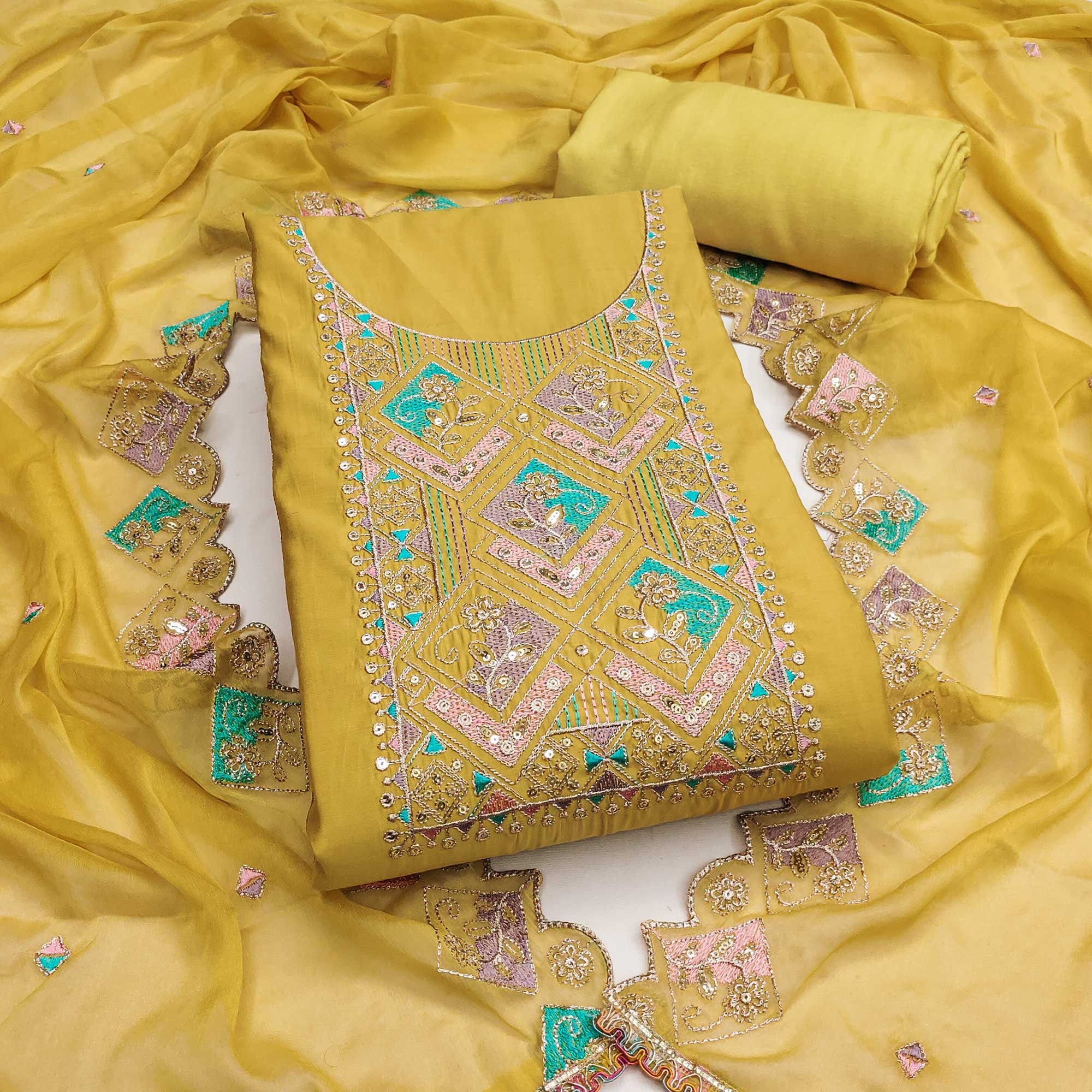 Mustard Floral Embroidered Cotton Silk Dress Material With Glimmering Sequins Work