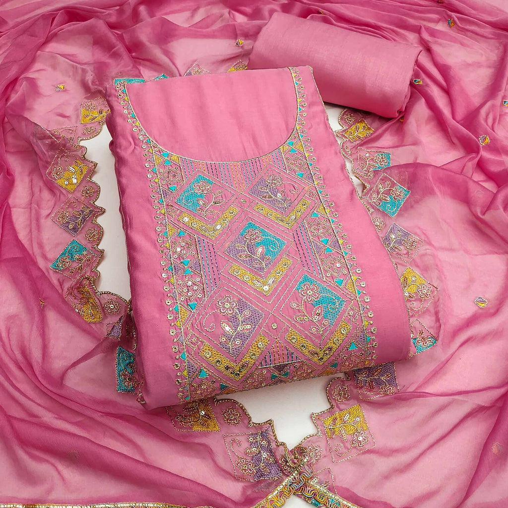 Pink Floral Embroidered Cotton Silk Dress Material With Glimmering Sequins Work