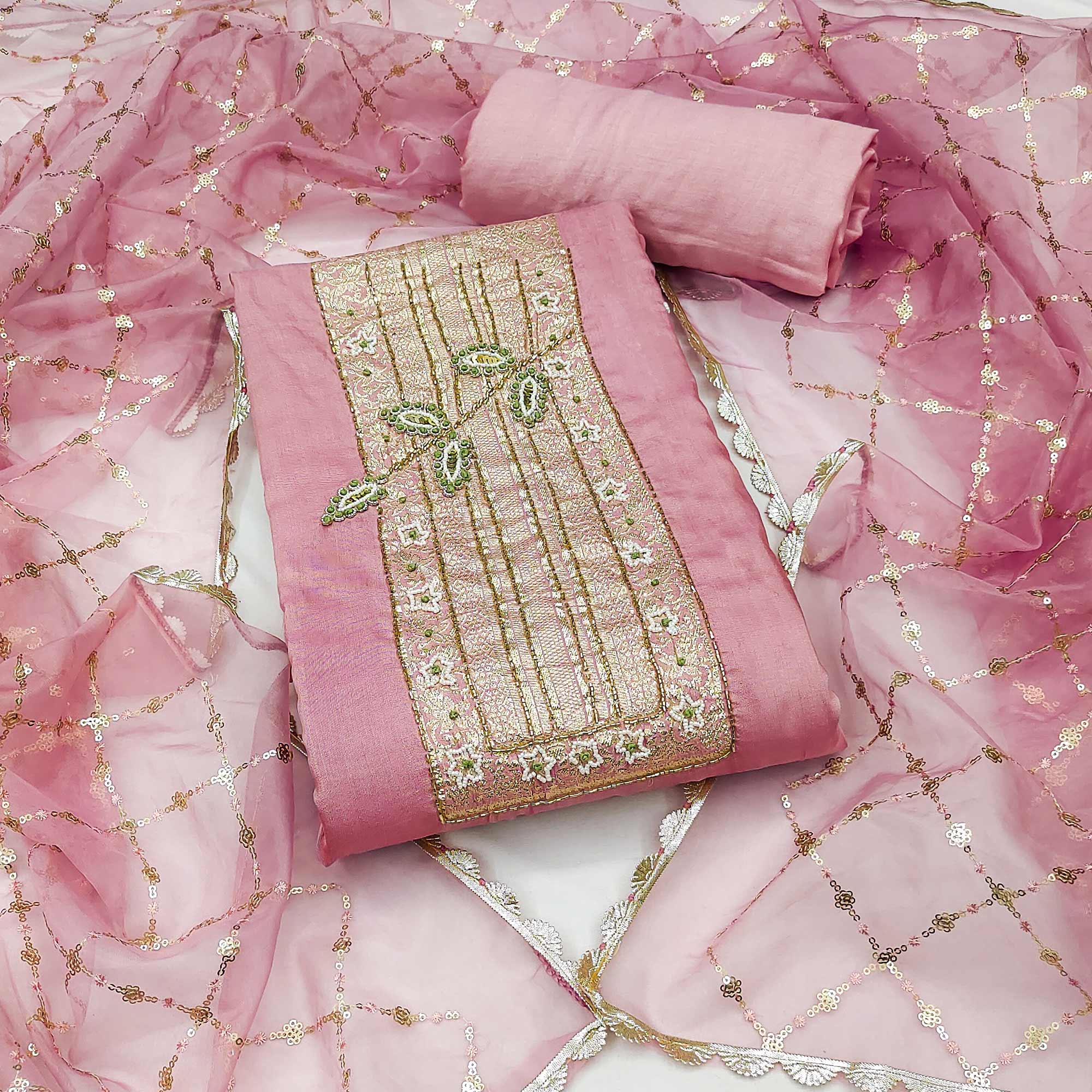 Peach Woven With Intricate Moti Handwork Banarasi Cotton Dress Material