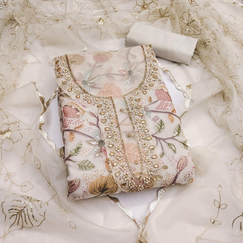 Cream Floral Elegance Dress Material With Handwork & Sequins On Organza