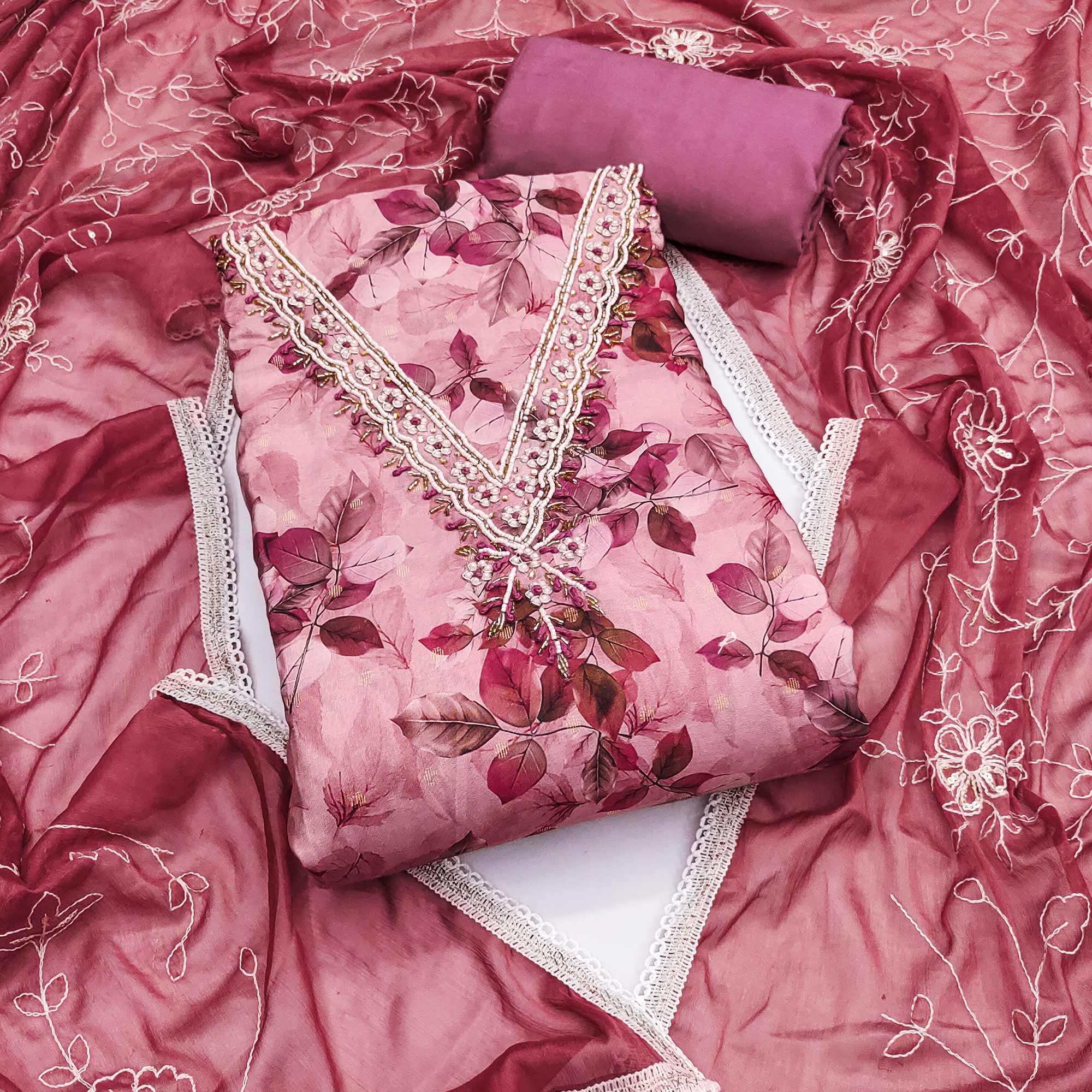 Peach Banarasi Silk Dress Material With Digital Print & Moti Handwork