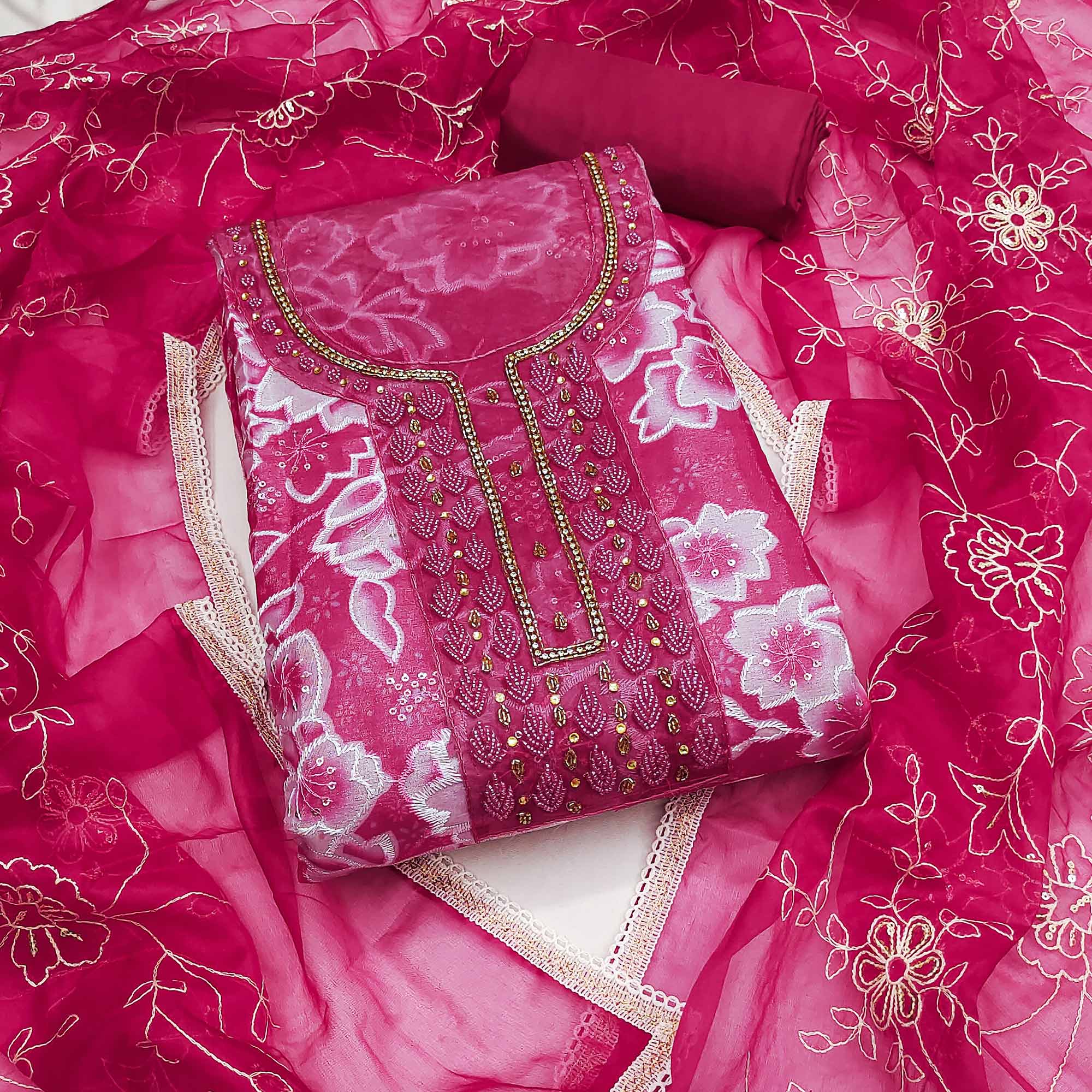 Pink Delicate Floral Sequins & Hand Embellishments On Flowing Organza Dress Material