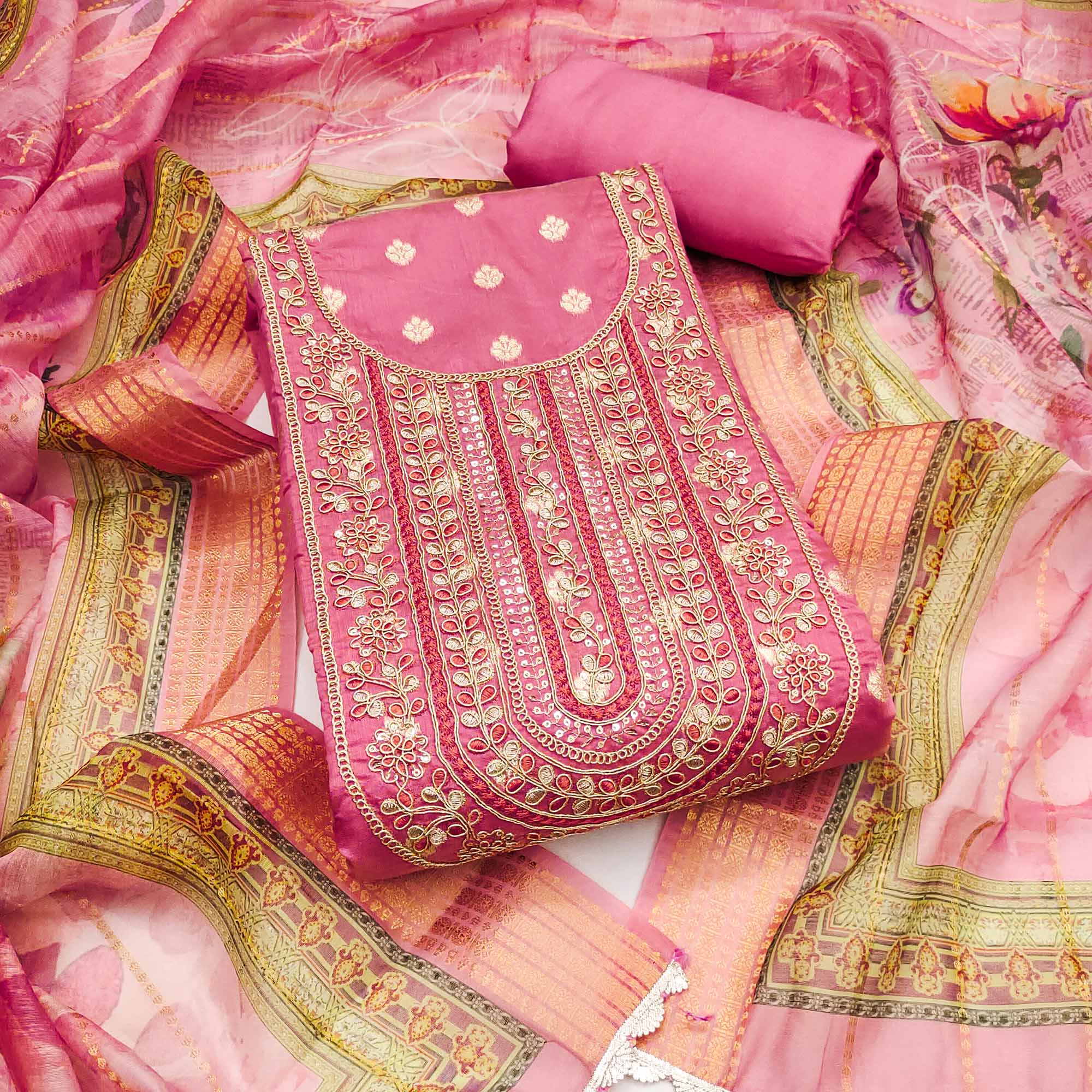 Gajari Pink Woven Banarasi Cotton Silk Dress Material Accented With Sequins Embroidery