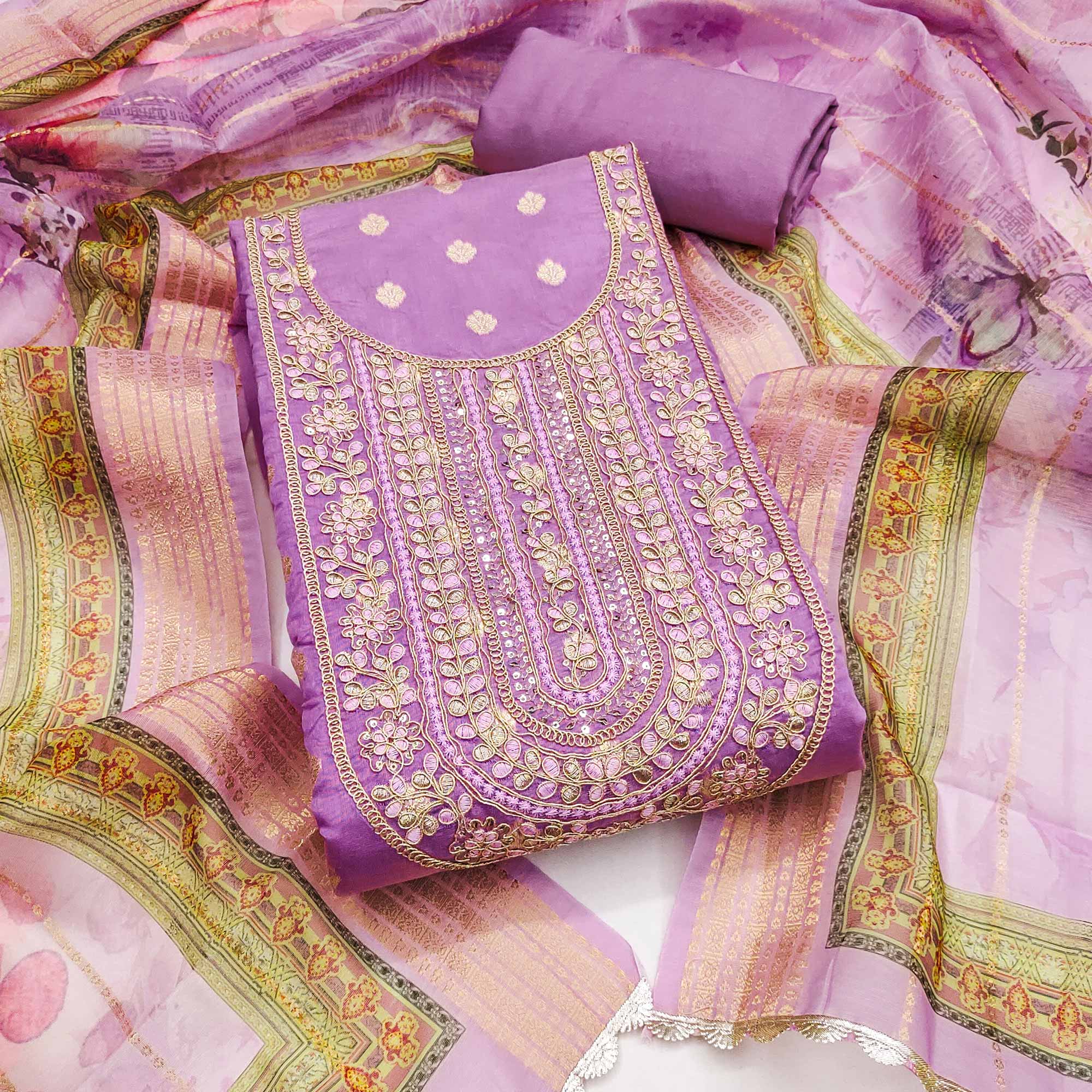 Lavender Woven Banarasi Cotton Silk Dress Material Accented With Sequins Embroidery