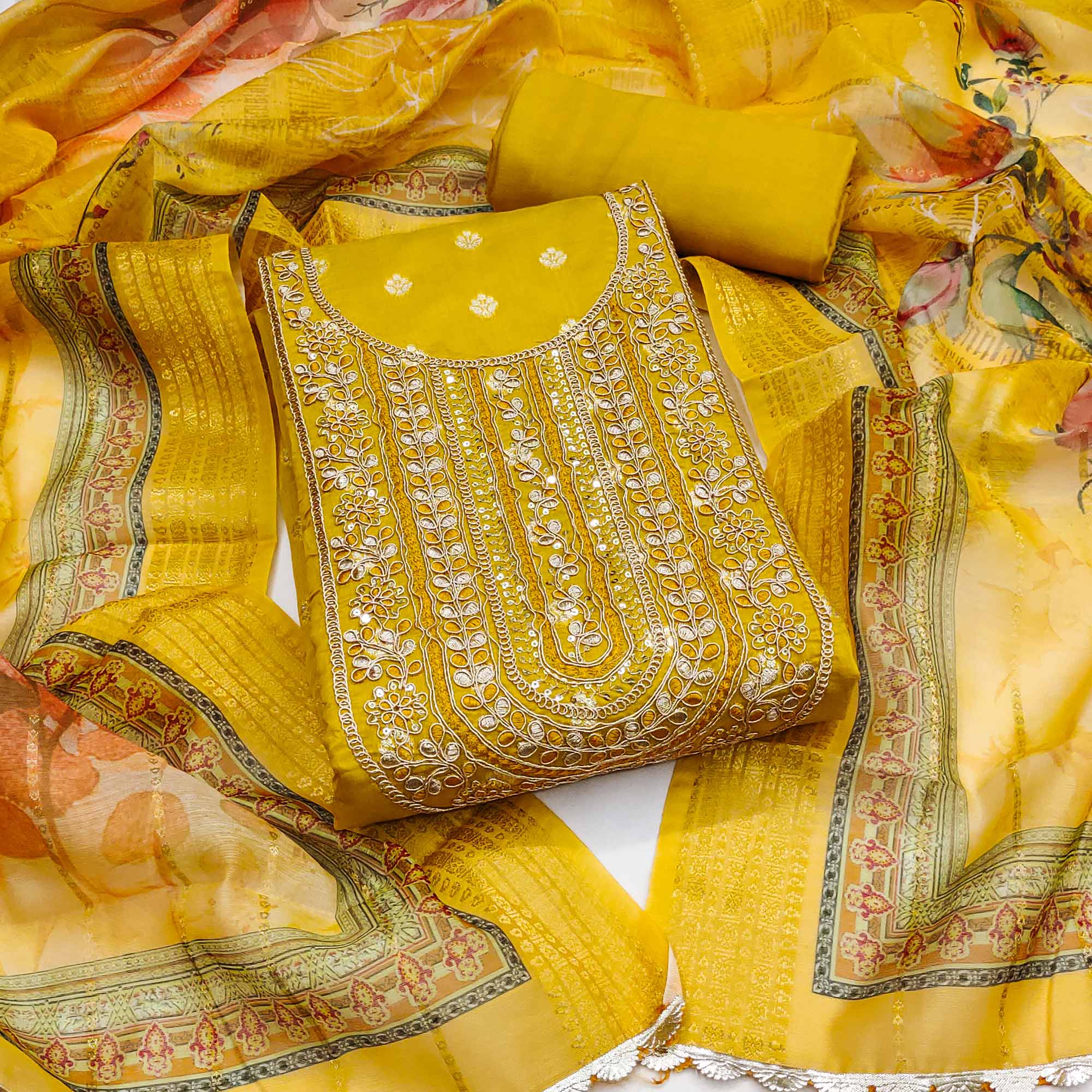 Mustard Woven Banarasi Cotton Silk Dress Material Accented With Sequins Embroidery