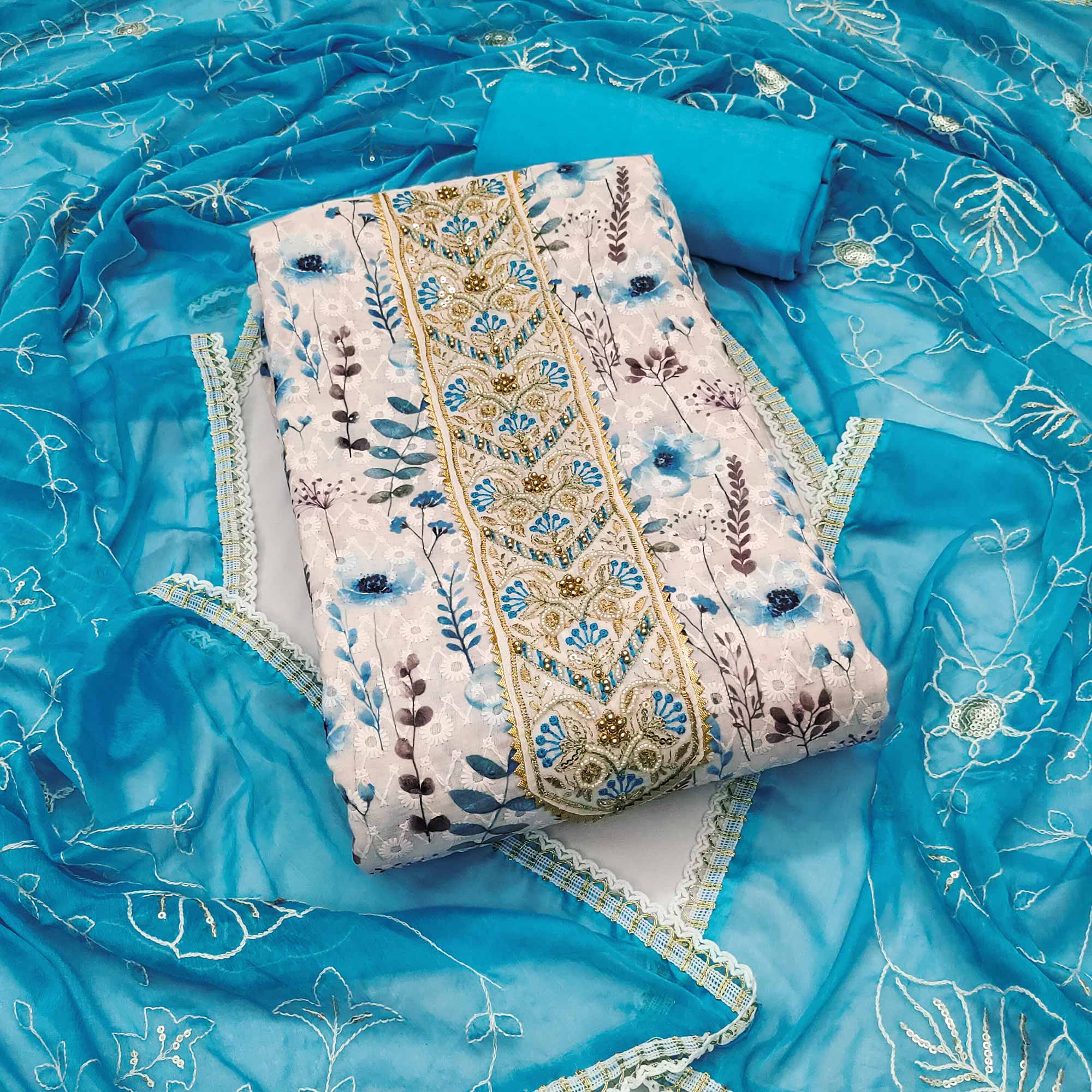 Blue Pure Cotton Dress Material With Digital Florals & Handcrafted Sequins Embroidery