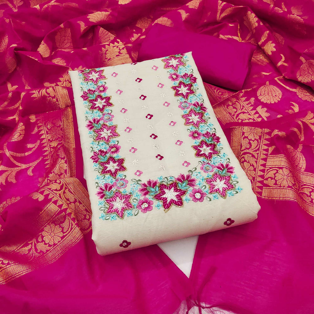Floral Sequins Embroidered Cream & Pink Pure Cotton Dress Material With Delicate Handwork