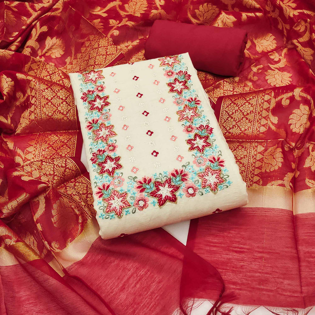 Floral Sequins Embroidered Cream & Red Pure Cotton Dress Material With Delicate Handwork