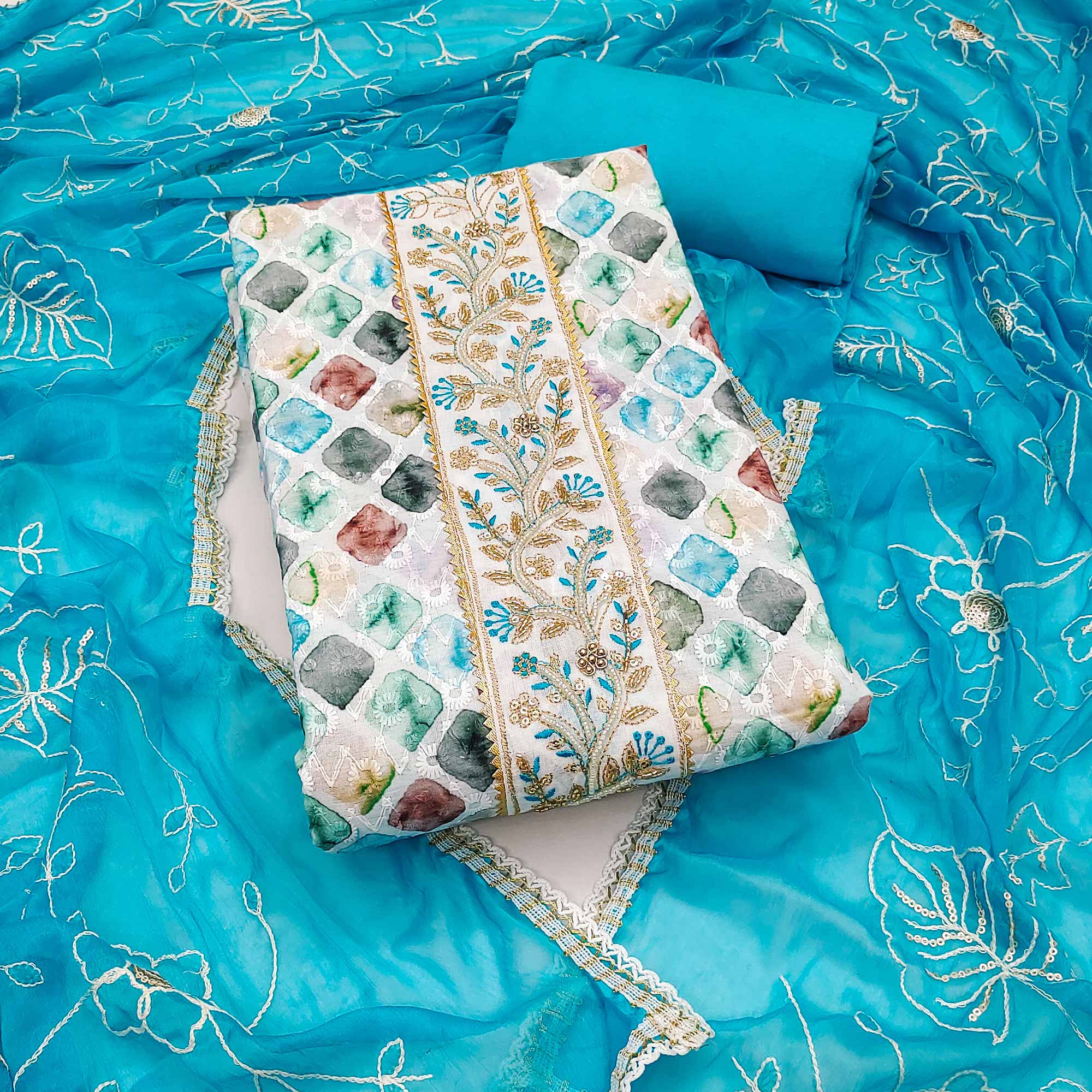 Blue Digital Printed With Sequins Embroidery & Handwork Pure Cotton Dress Material