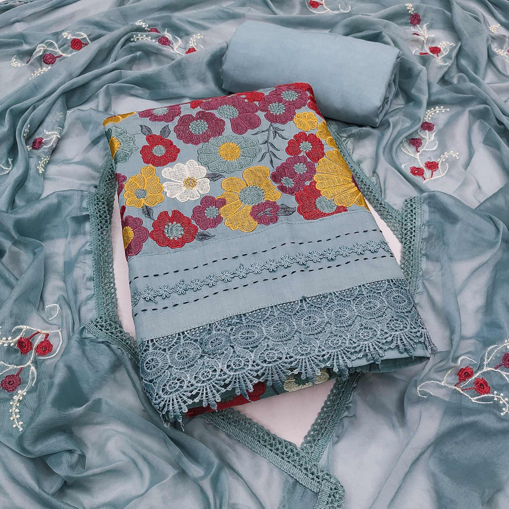 Grey Roman Cotton Silk Dress Material Adorned With Elegant Floral Thread Embroidered Work