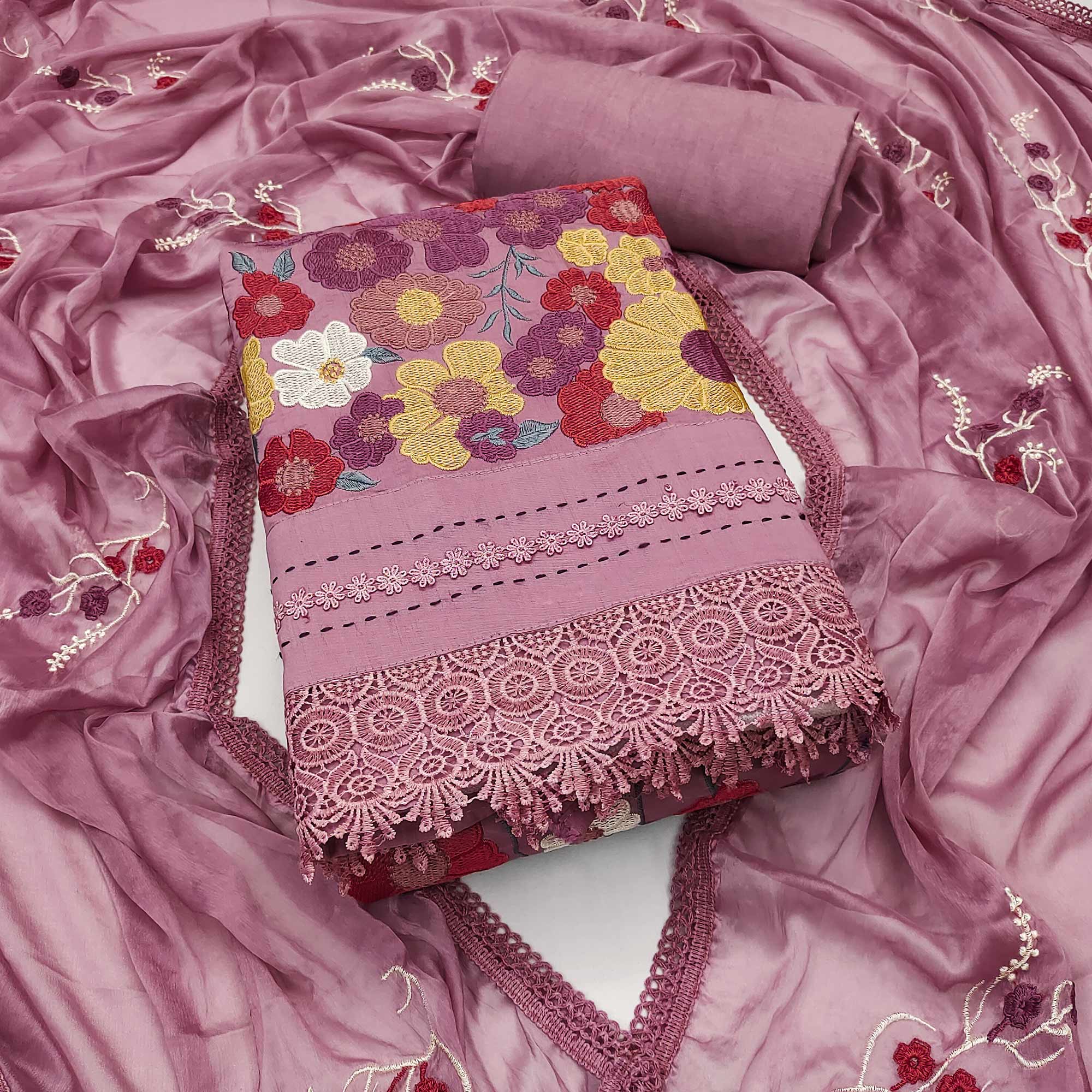 Mauve Roman Cotton Silk Dress Material Adorned With Elegant Floral Thread Embroidered Work