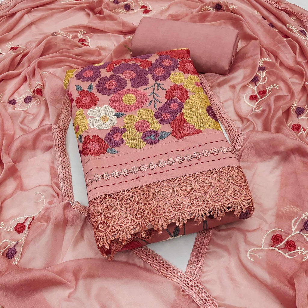 Peach Roman Cotton Silk Dress Material Adorned With Elegant Floral Thread Embroidered Work
