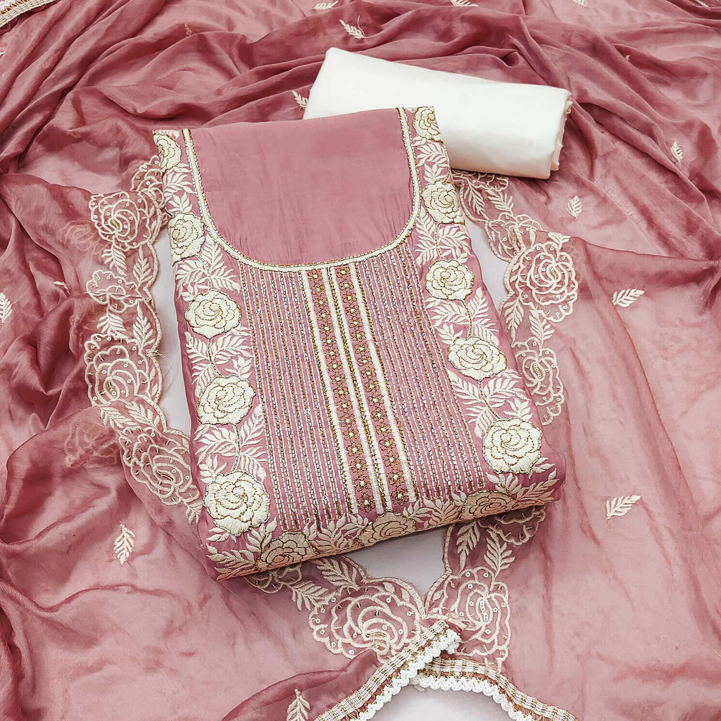 Peach Cotton Silk Dress Material Embellished With Floral Embroidery & Intricate Handwork