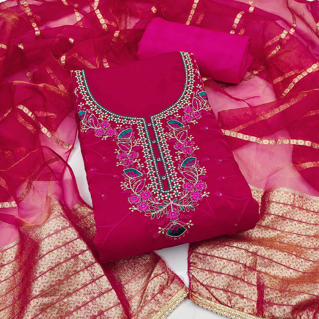 Pink Georgette Silk Dress Material Beautified With Floral Sequins Embroidery