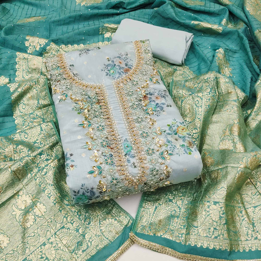 Grey Chanderi Silk Dress Material Adorned With Floral Sequins Embroidery & Delicate Moti Handwork