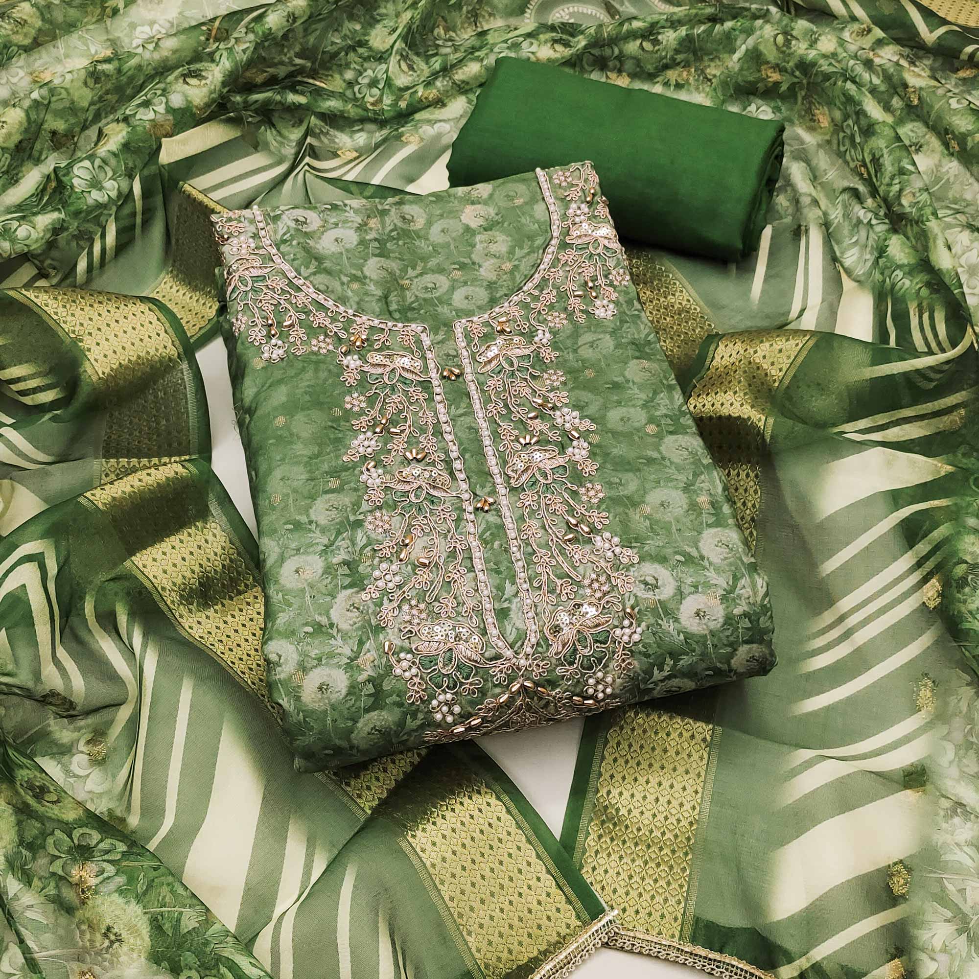 Green Banarasi Cotton Blend Dress Material With Floral Digital Print & Elegant Moti Handwork