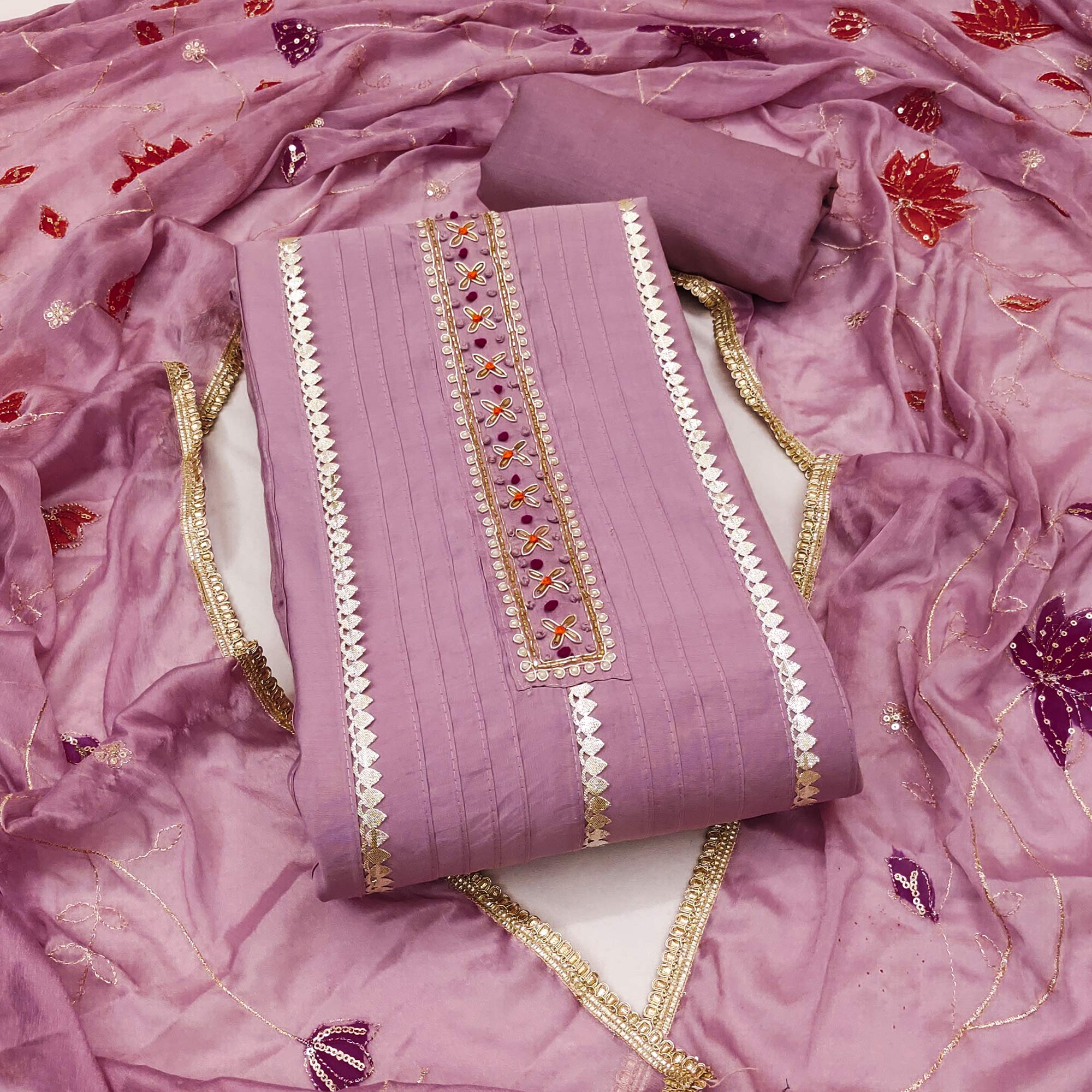 Onion Pink Cotton Silk Dress Material Embellished With Elegant Moti Handwork & Gota Patti Lace