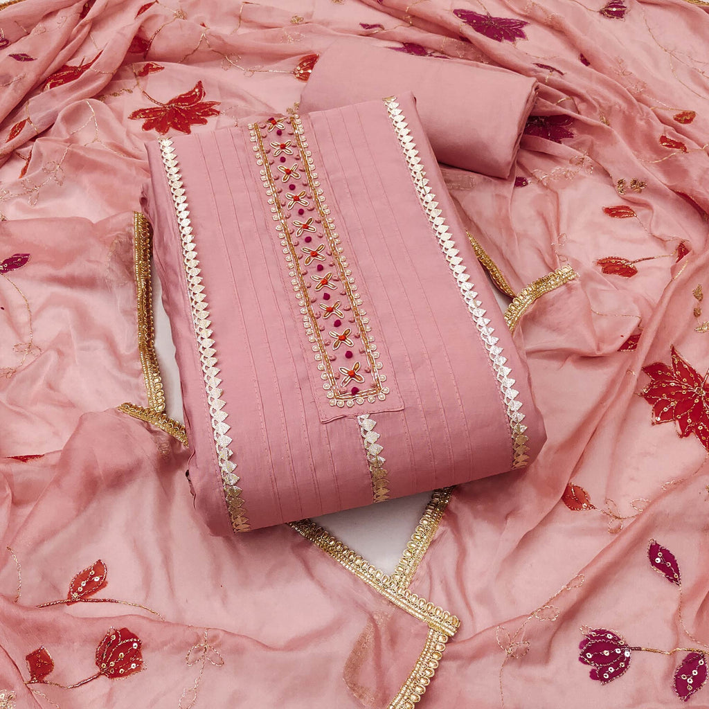 Peach Cotton Silk Dress Material Embellished With Elegant Moti Handwork & Delicate Gota Patti Lace