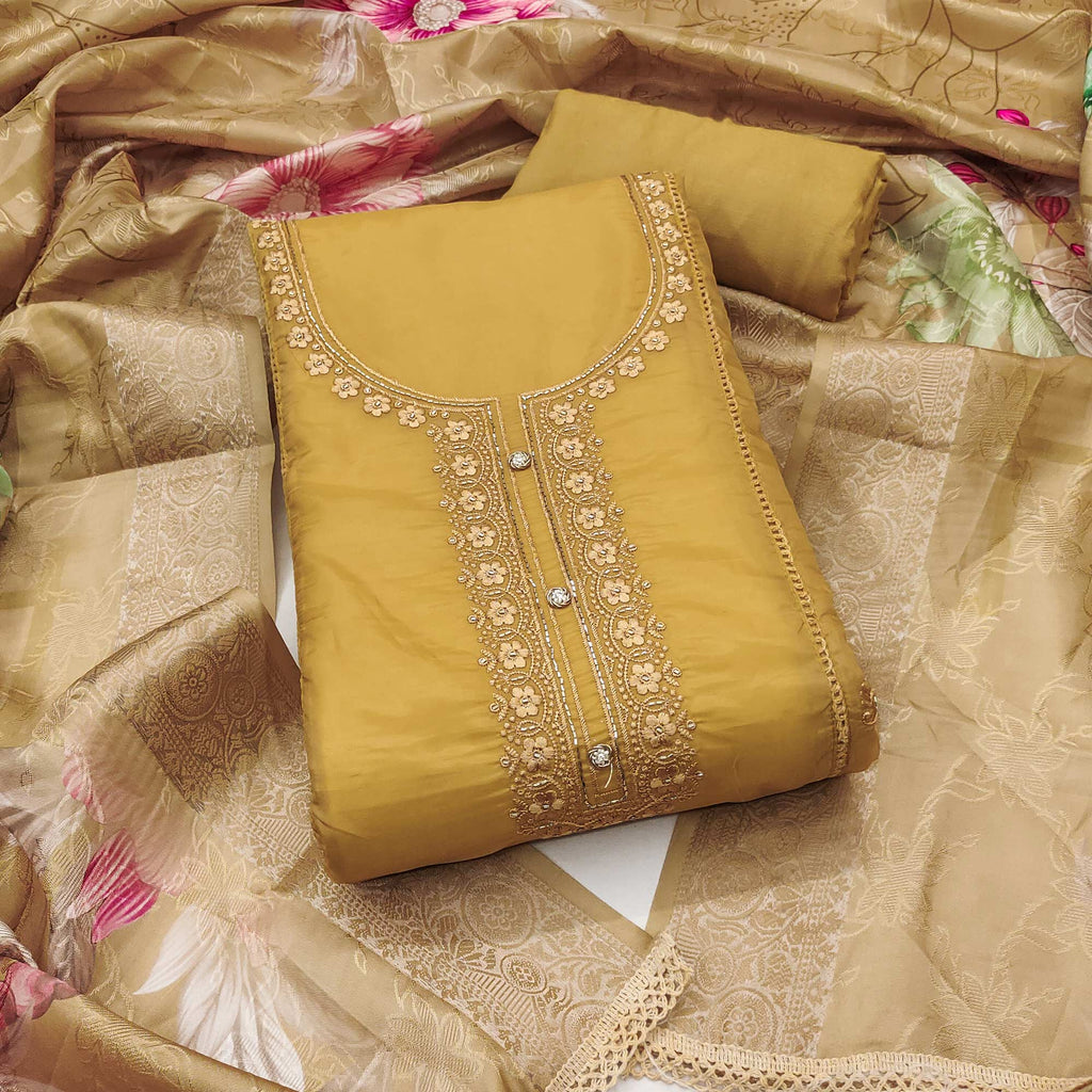 Mustard Organza Dress Material Adorned With Floral Thread Embroidery & Elegant Handwork