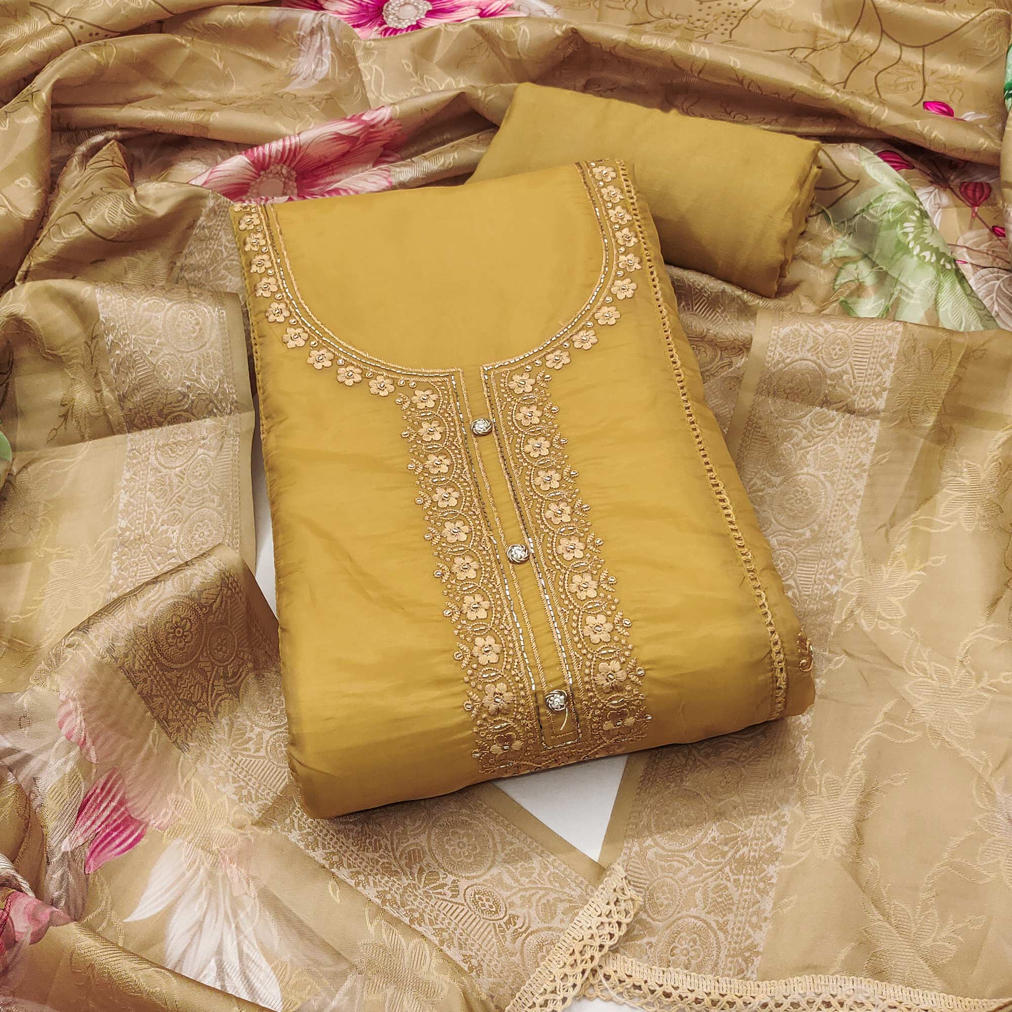 Mustard Organza Dress Material Adorned With Floral Thread Embroidery & Elegant Handwork