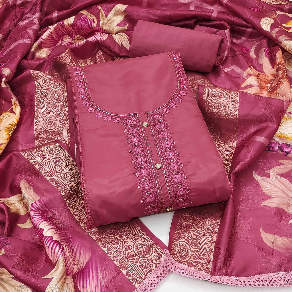 Pink Organza Dress Material Adorned With Floral Thread Embroidery & Elegant Handwork