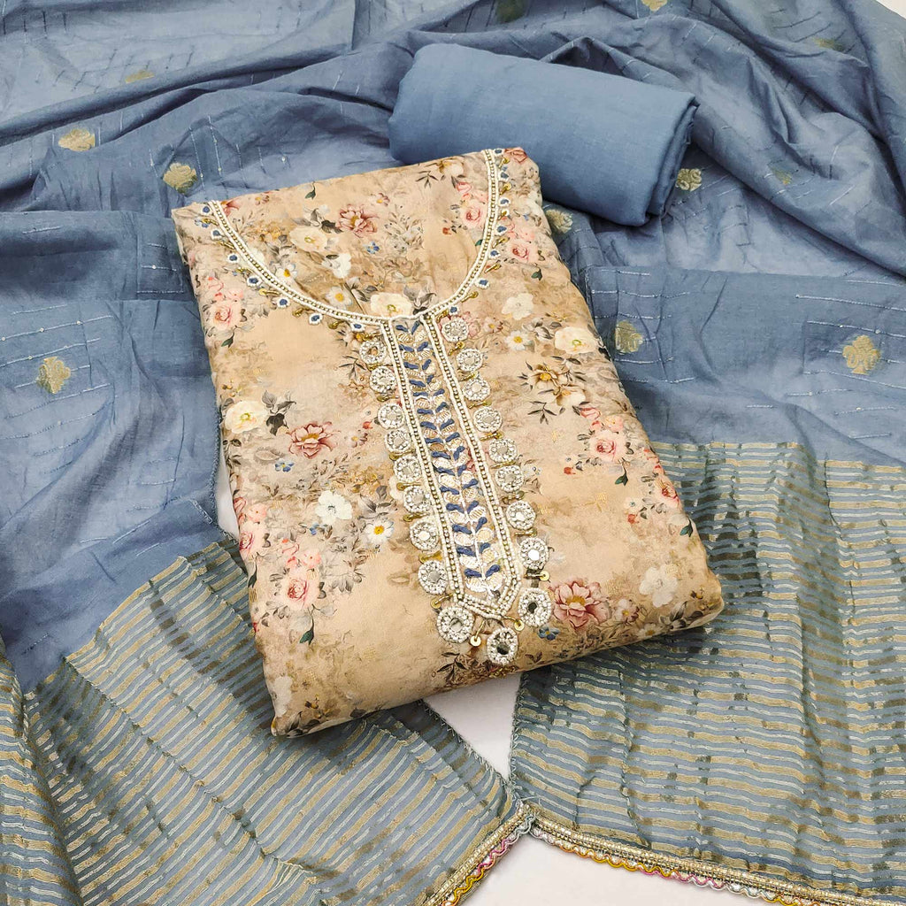 Chikoo Floral Digital Printed Cotton Blend Dress Material Embellished With Moti Hand Embroidery