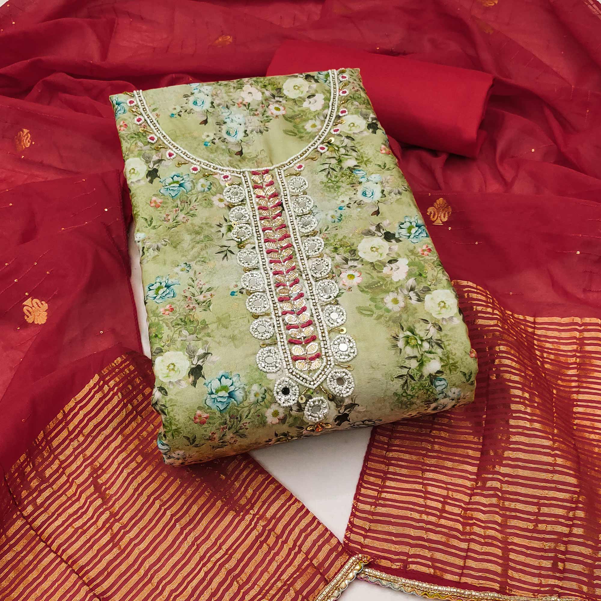 Green Floral Digital Printed Cotton Blend Dress Material Embellished With Moti Hand Embroidery