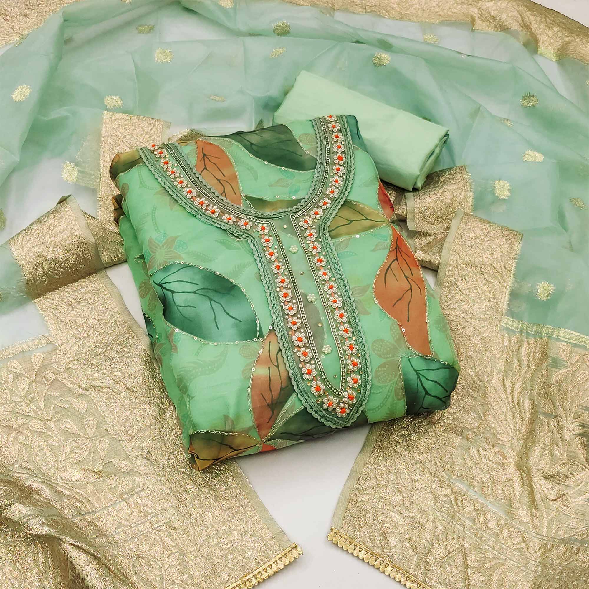 Green Floral Printed With Hand Embroidered Organza Dress Material