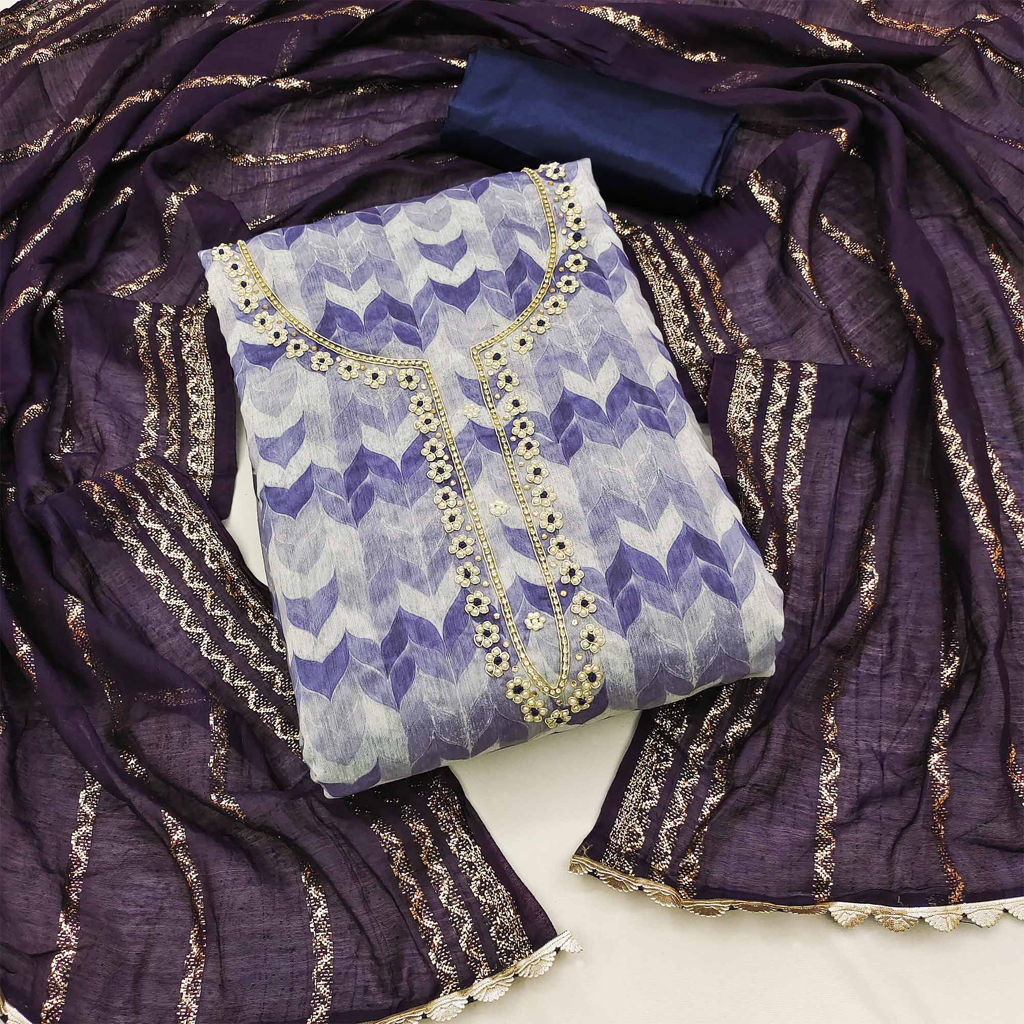 Blue Printed With Handwork Chanderi Silk Dress Material