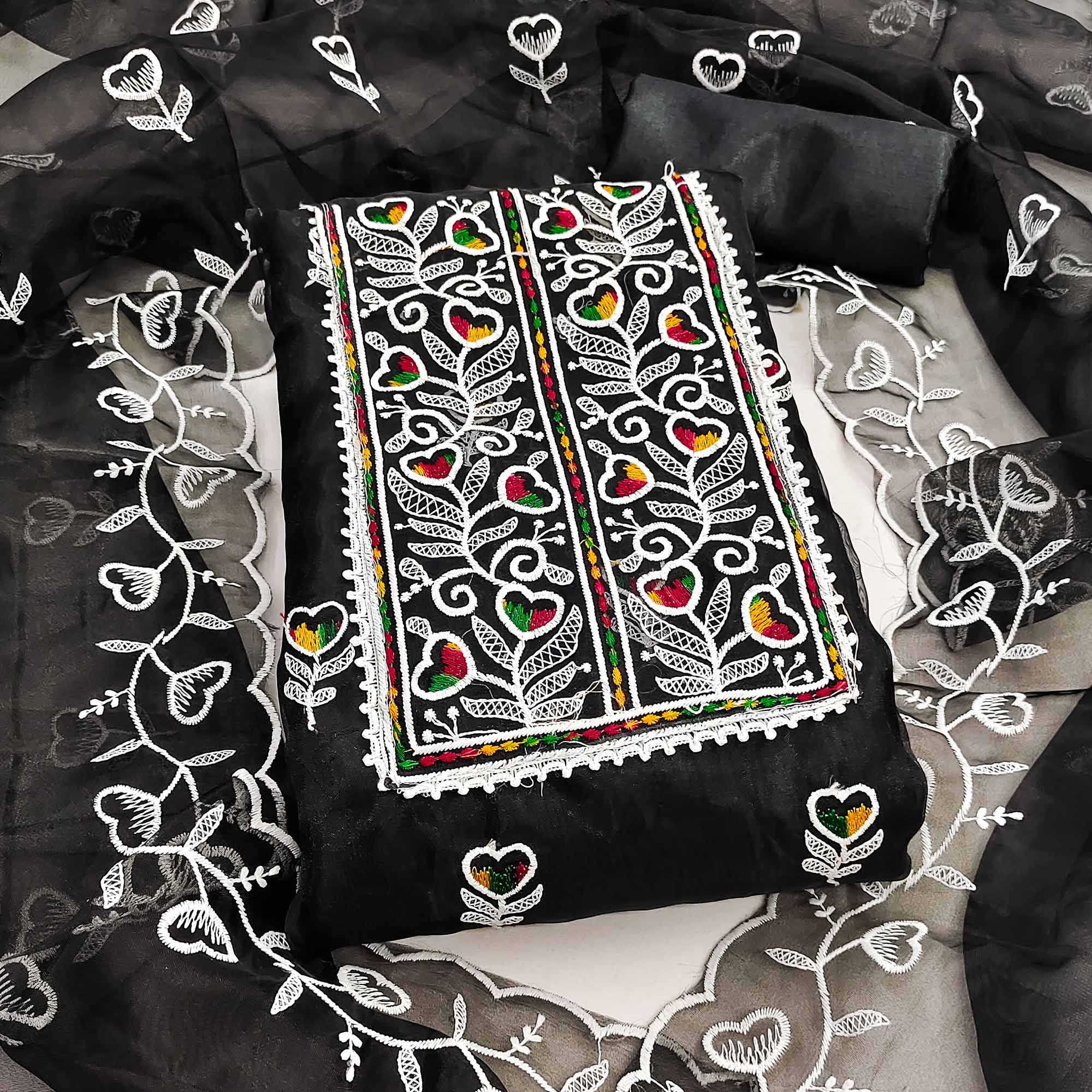 Black Organza Dress Material With Intricate Floral Embroidery Work