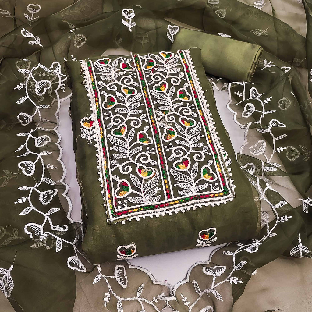 Mehendi Green Organza Dress Material With Intricate Floral Embroidery Work